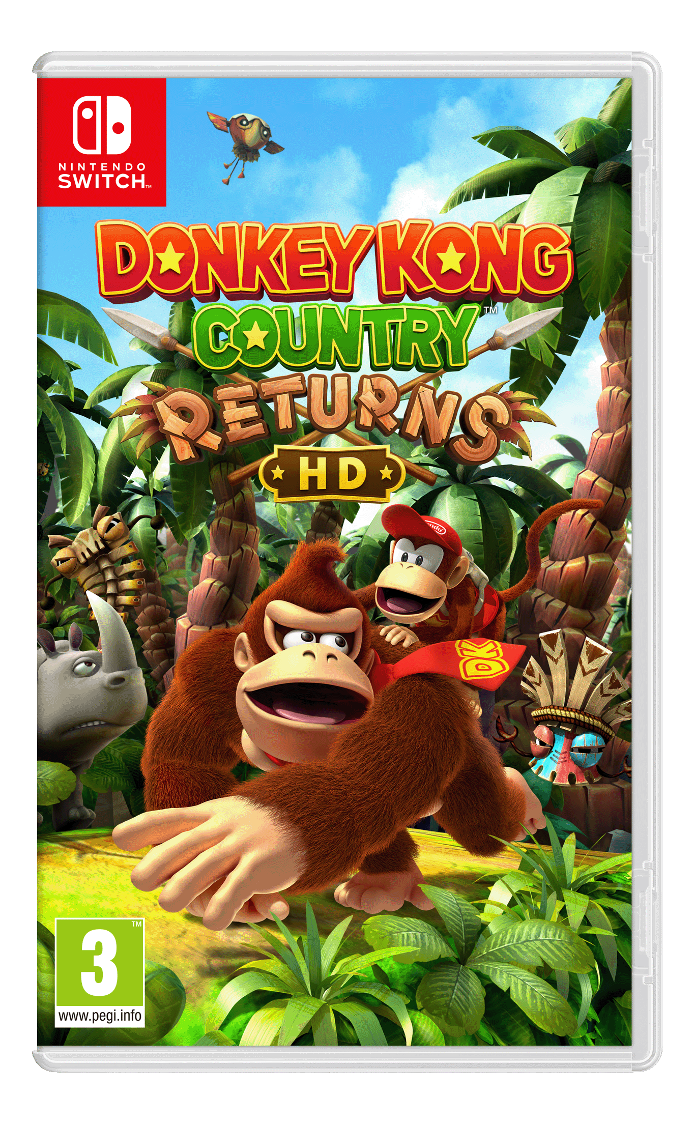 Donkey Kong-Spielcover. Donkey Kong, Diddy Kong in einer Dschungelszene.