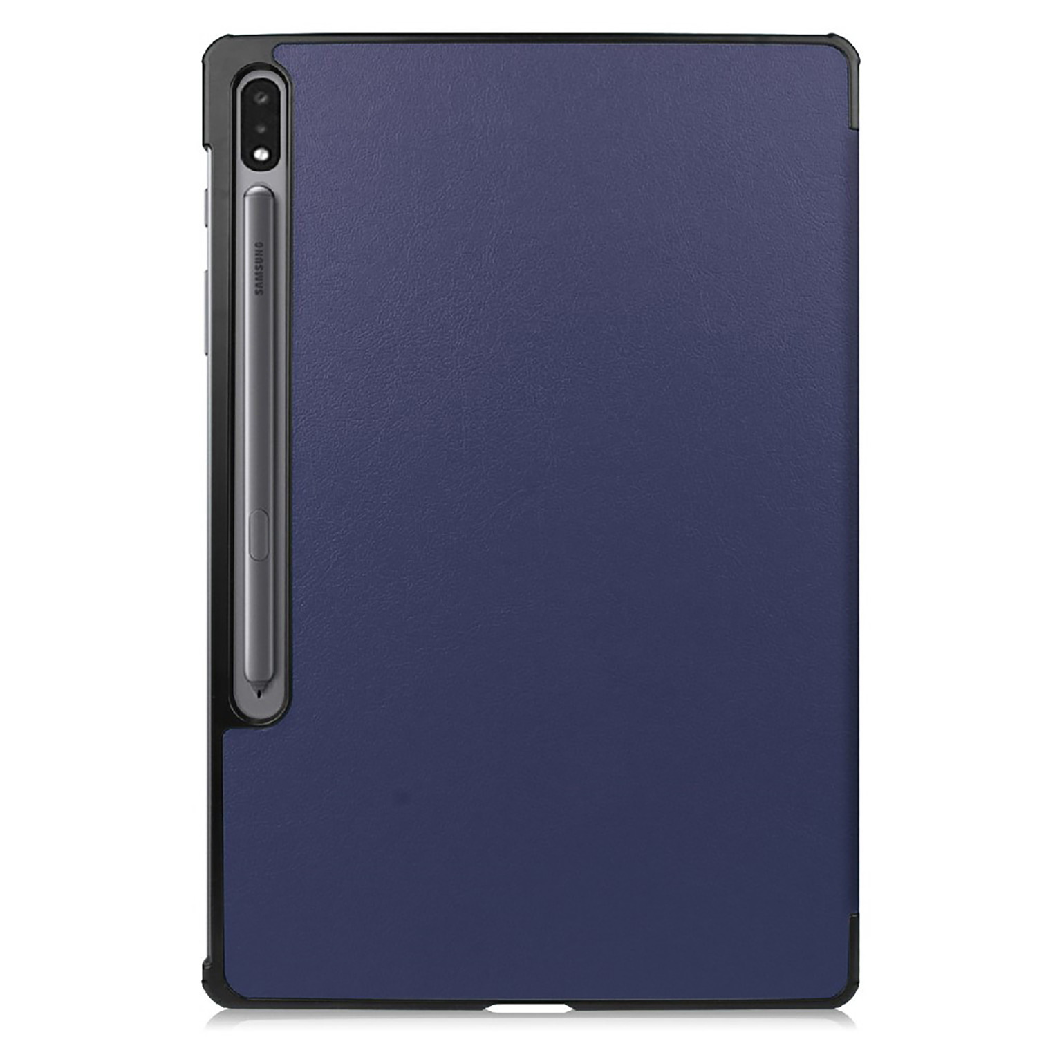 A blue tablet case with a stylus in its side. Black frame, navy blue cover. White background.