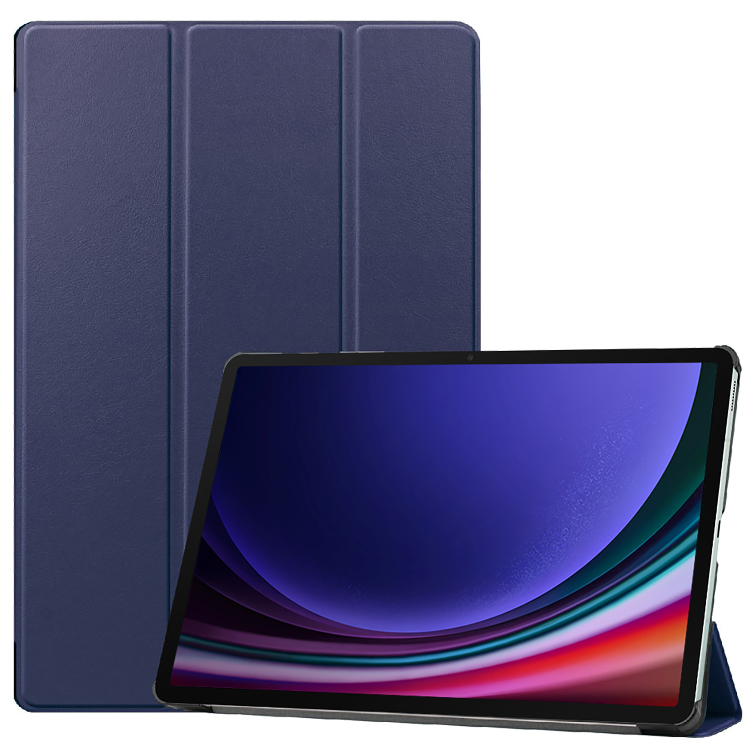 A blue tablet with a dark blue cover and a dark-colored screen.
