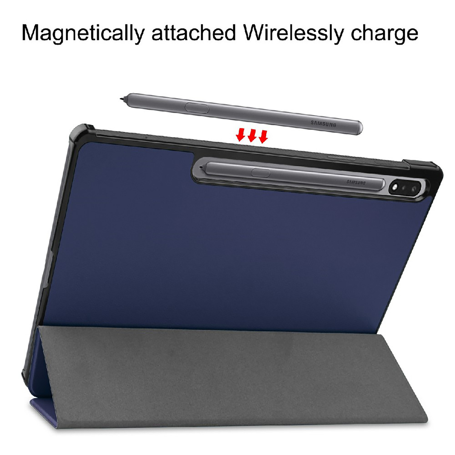 A tablet with a blue back cover and a stylus being charged wirelessly.