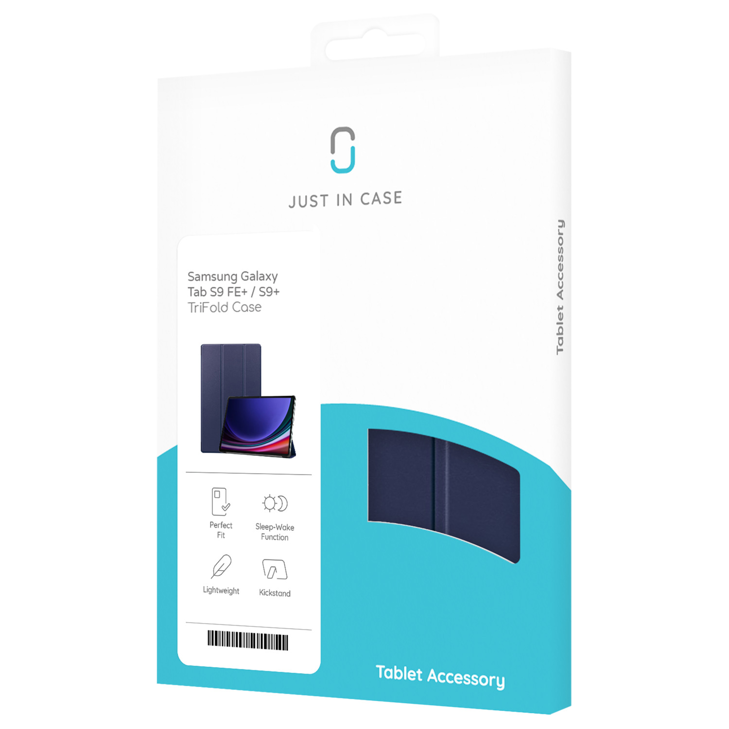 A white box for a tablet case, blue case is visible, with text and icons.