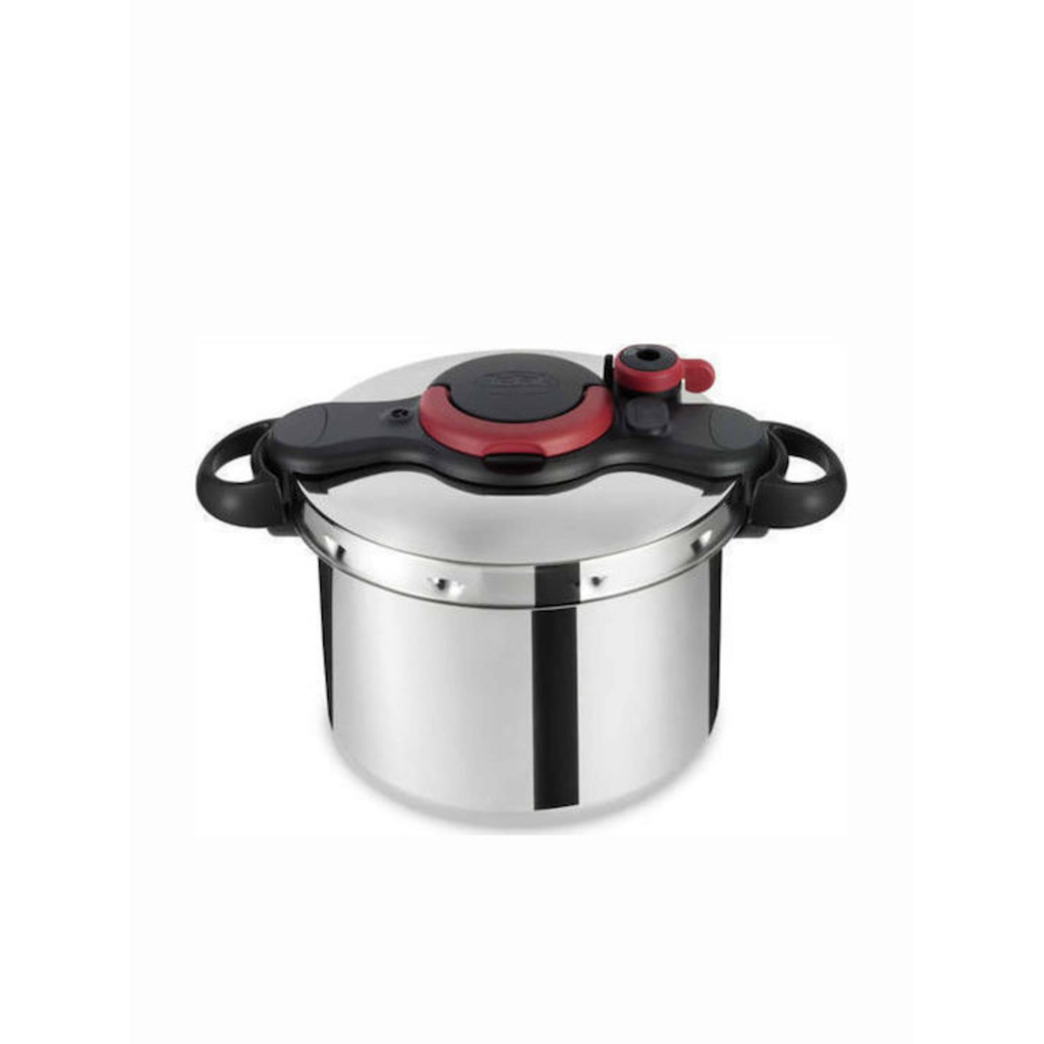 A stainless steel pressure cooker with a black and red lid and two black handles.