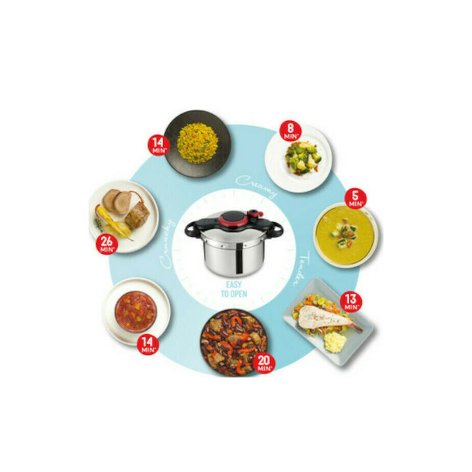 A pressure cooker surrounded by plates of food with cooking times in minutes. White background.
