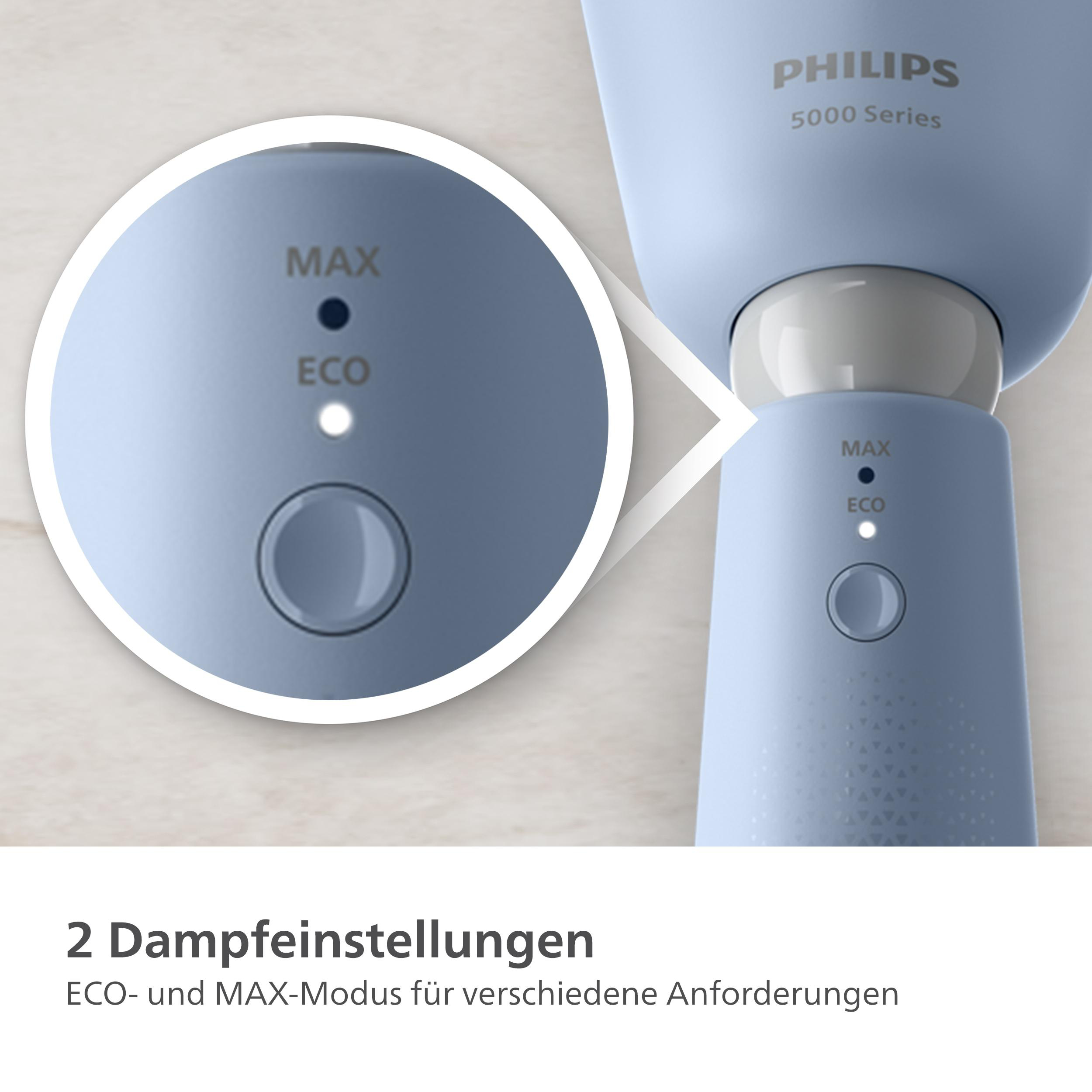 Eine blau-weiße Philips 5000 Serie Zahnbürste, die die Einstellungen zeigt.