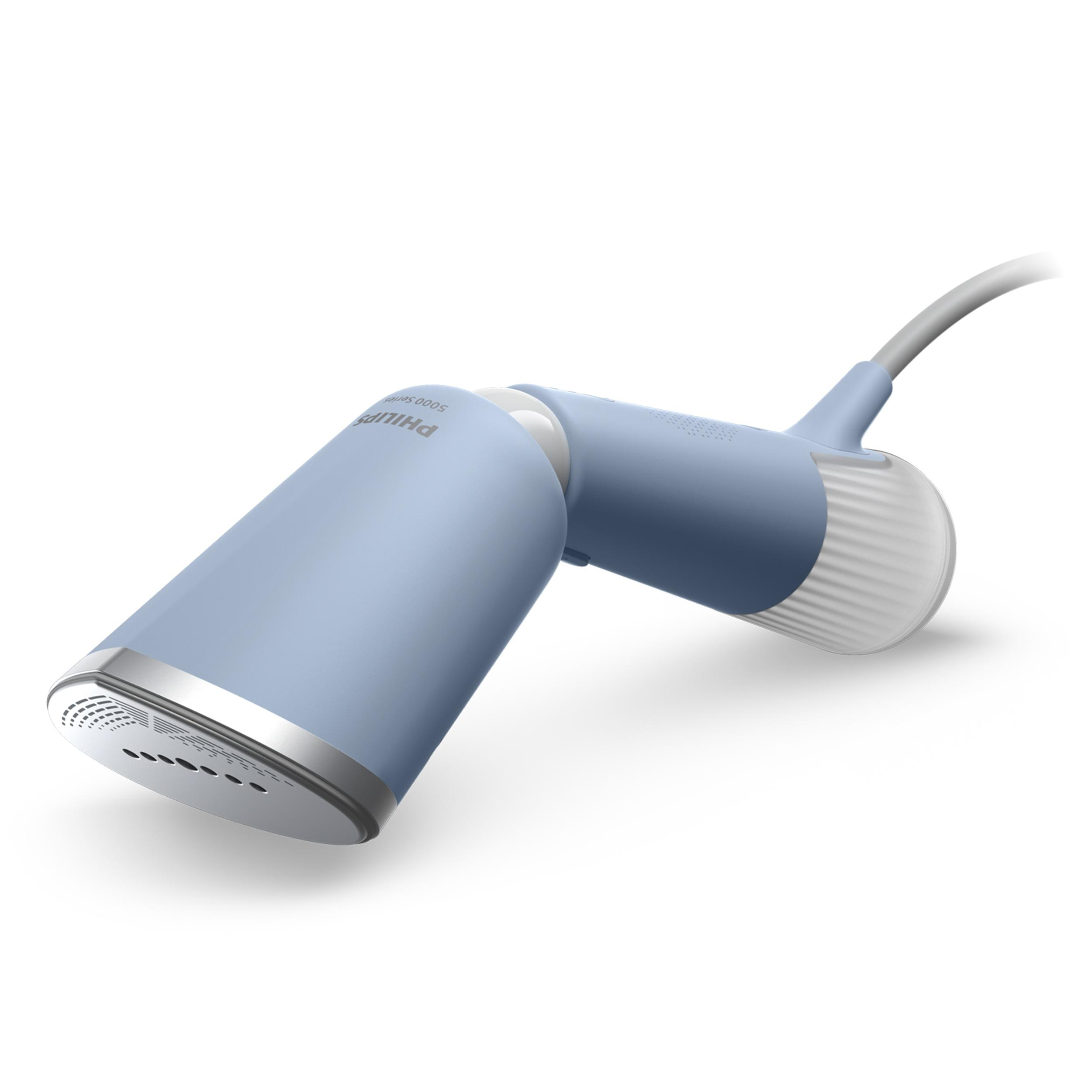 Ein hellblauer Philips Handdampfer mit weißem Griff und einem silbernen Metallkopf.