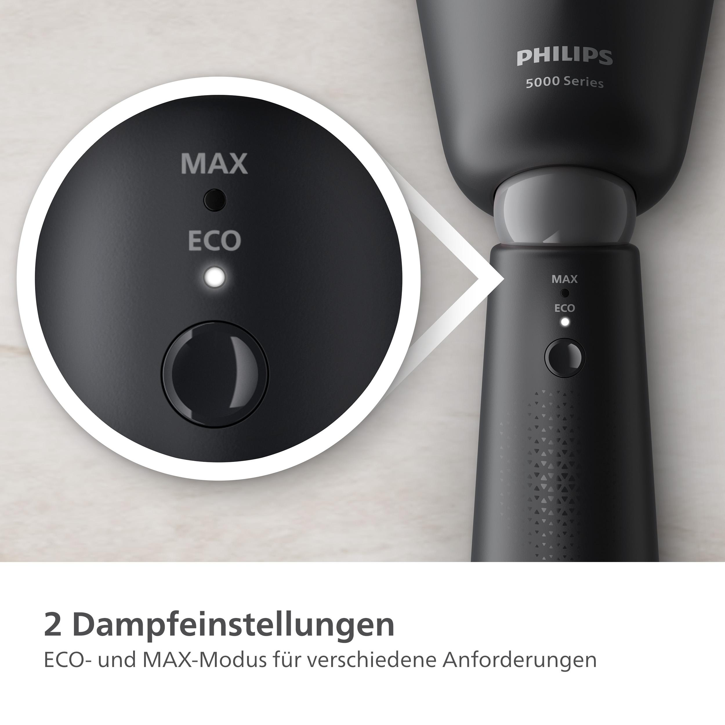 Nahaufnahme eines schwarzen Philips-Rasierers mit beleuchteten MAX- und ECO-Einstellungen.
