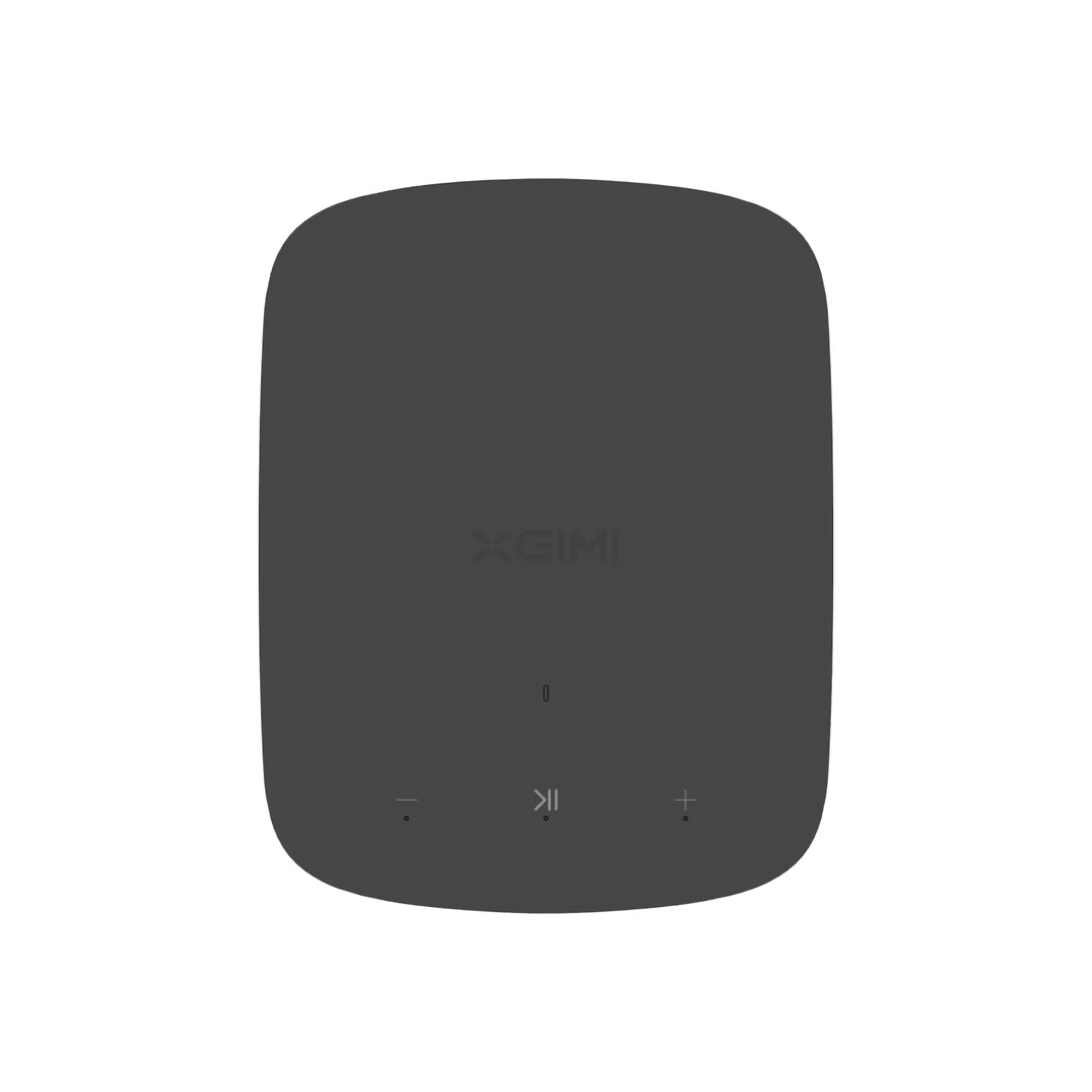 Altavoz XGIMI gris oscuro. El altavoz tiene forma cuadrada y botones de control. La marca está en la parte superior.
