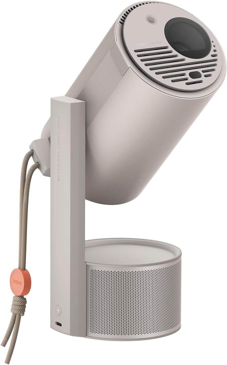 Un proyector blanco y gris con base de altavoz y asa con detalle rosa.