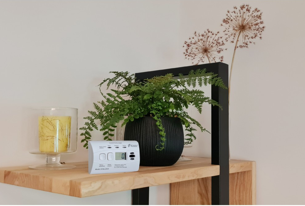 Półka z rośliną, świecą i czujnikiem dymu. Suche kwiaty po prawej.