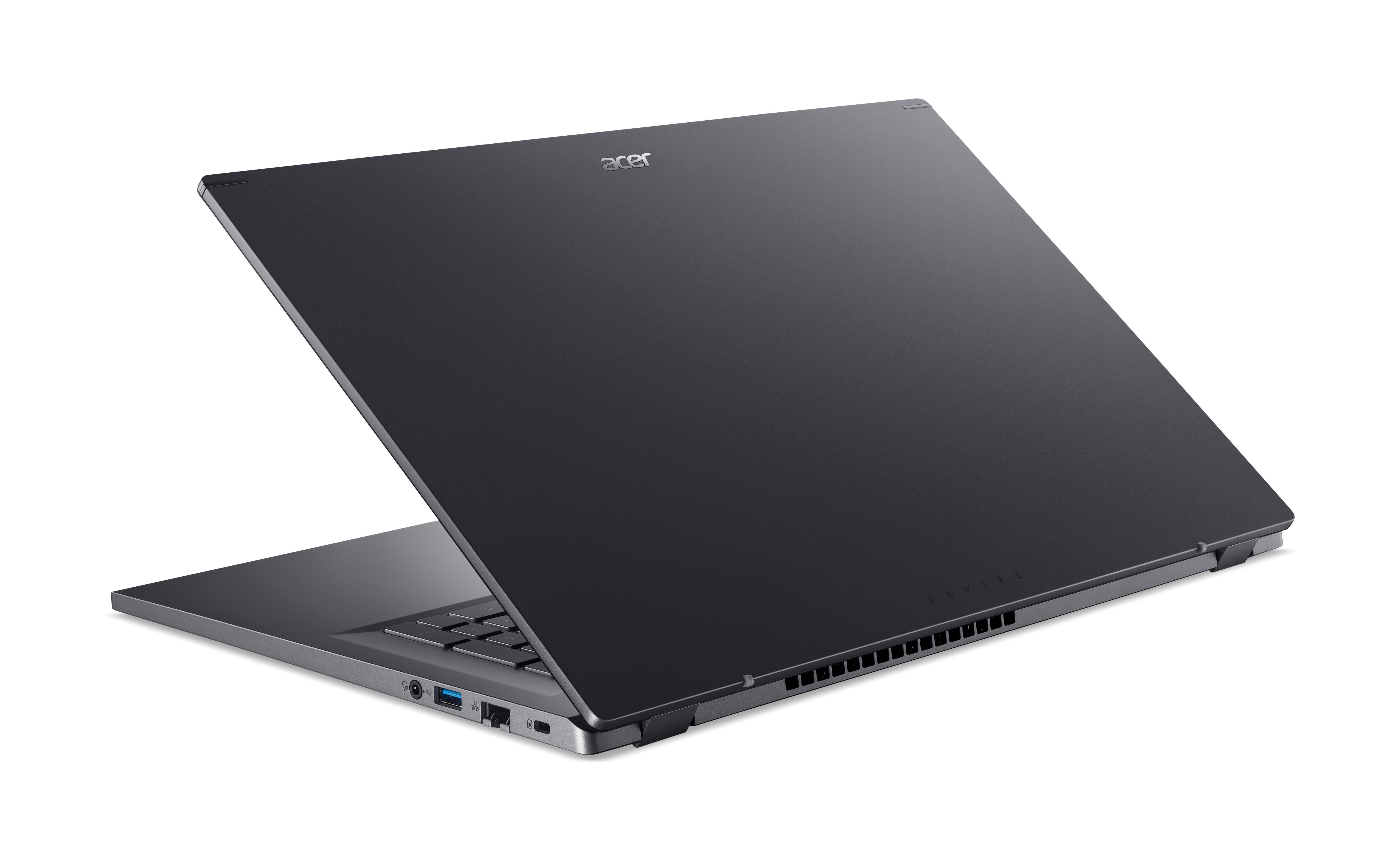 Dunkelgrauer Acer Laptop, in einem Winkel geöffnet. Der Bildschirm zeigt nach oben. Weißer Hintergrund.