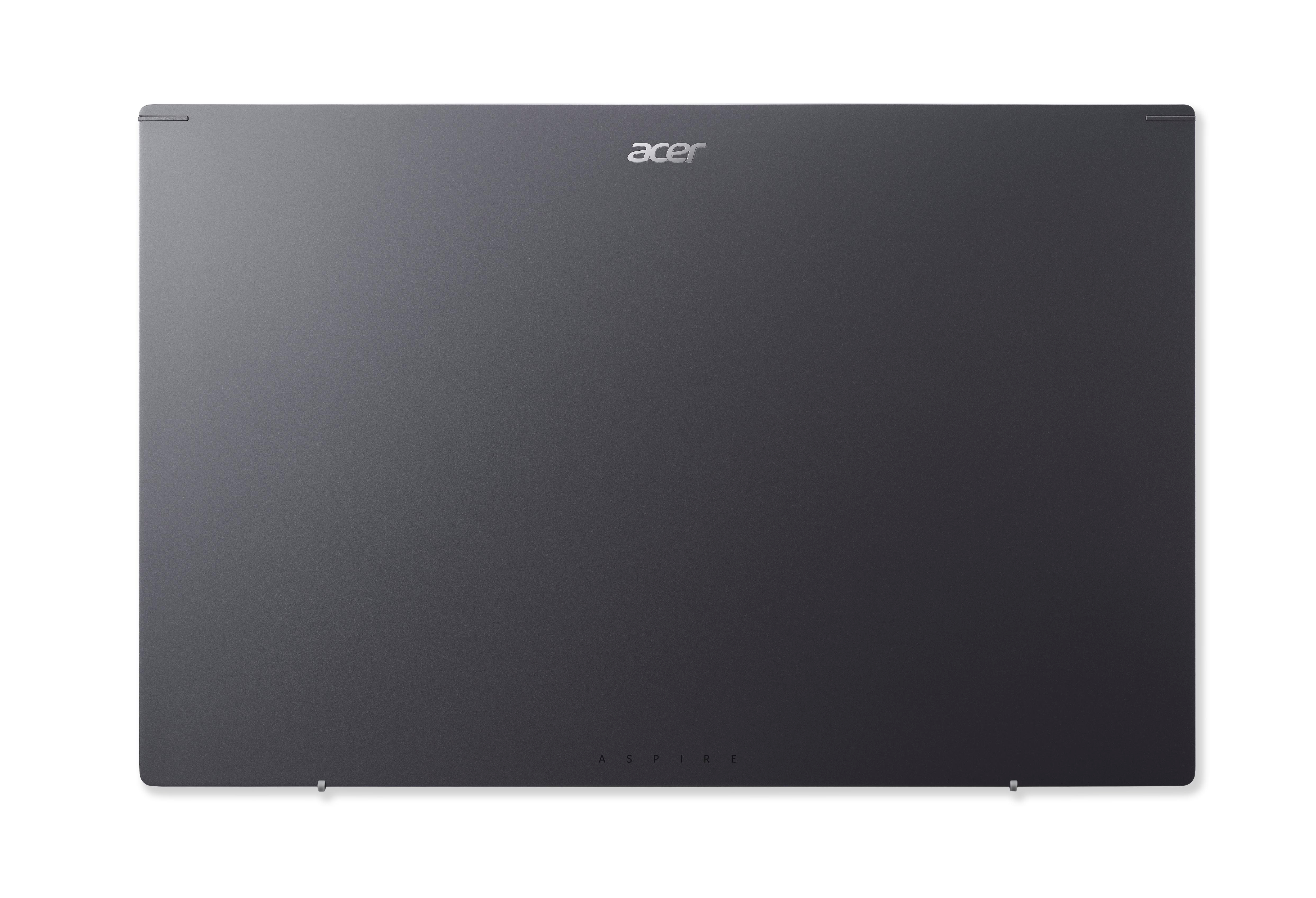 Die Rückseite eines dunkelgrauen Acer-Laptops, auf der die Acer- und Aspire-Logos sichtbar sind.