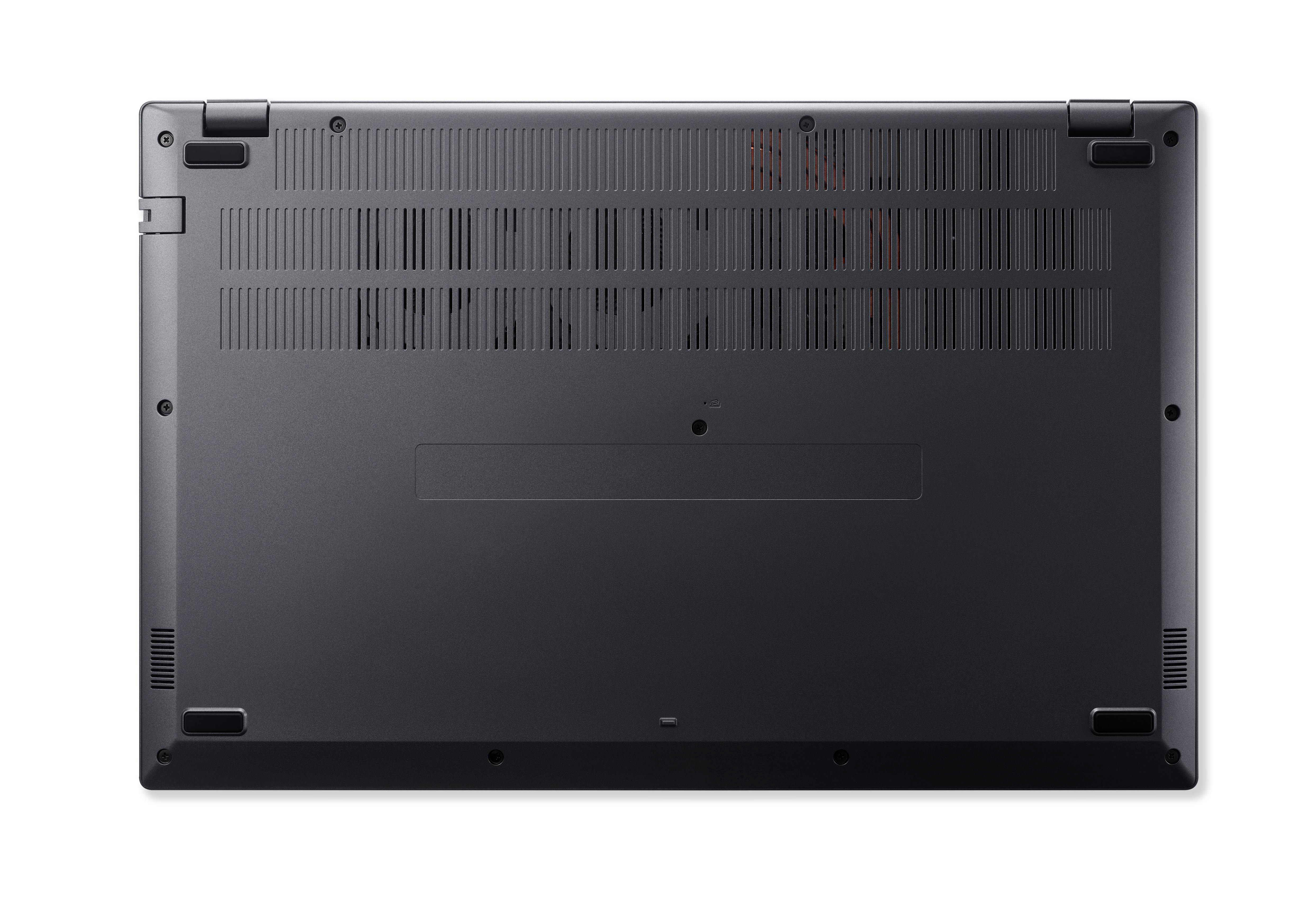 Unterseite eines dunkelgrauen Laptops mit Lüftungsschlitzen, Schrauben und Vertiefung.