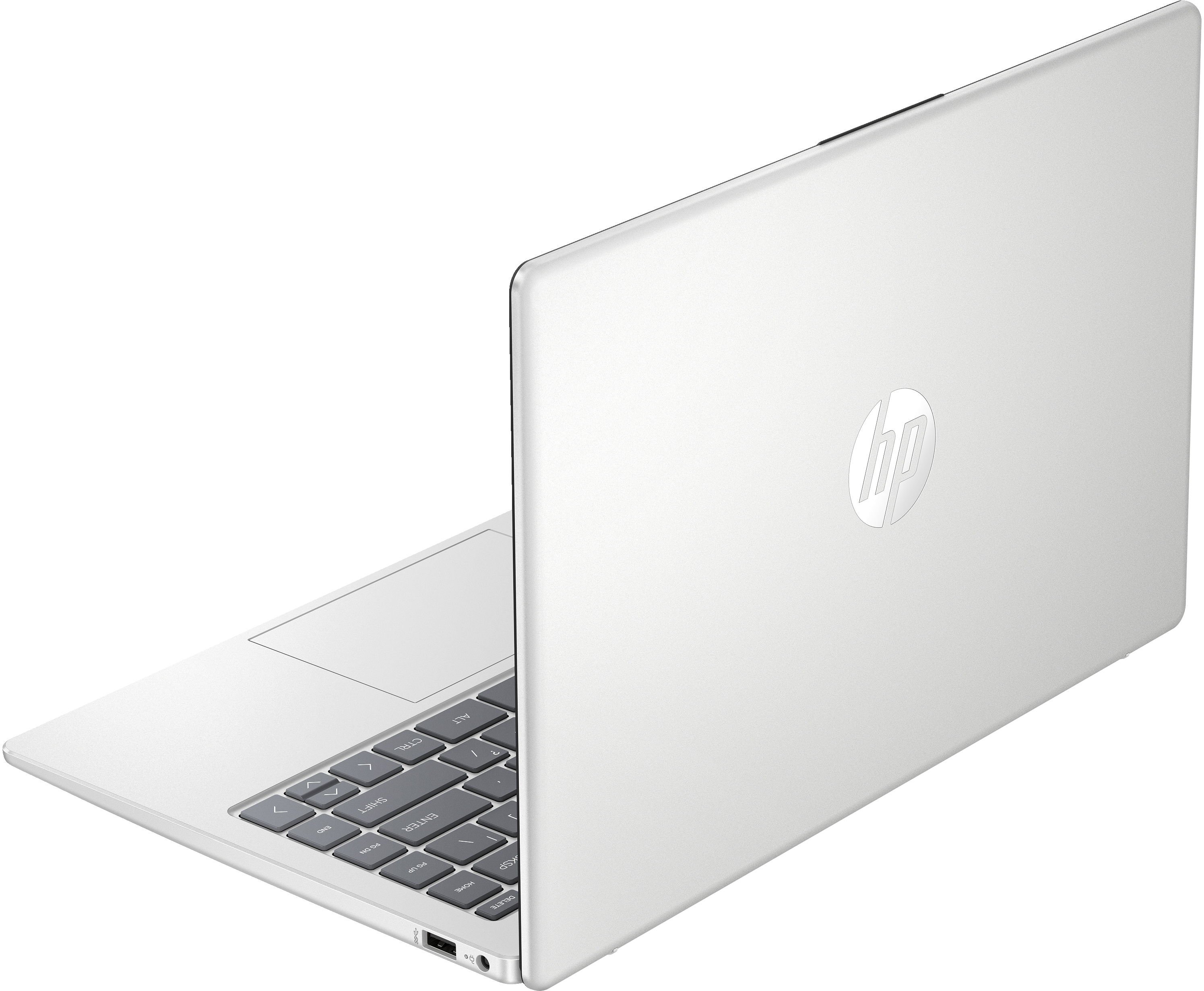 Ordenador portátil blanco con un logotipo HP plateado en la parte trasera, ligeramente en ángulo. El teclado es visible.