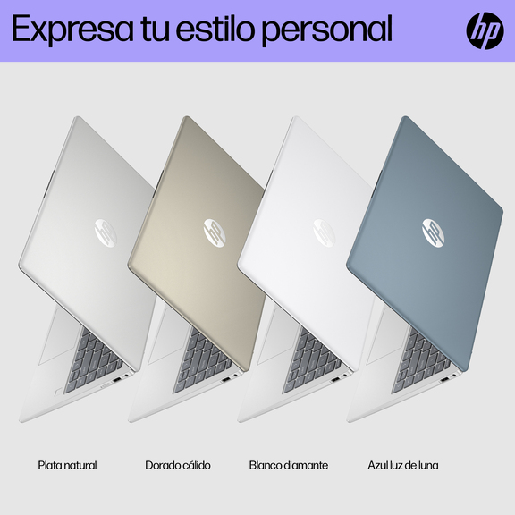 Cuatro laptops HP en plata, dorado, blanco y azul se muestran abiertas y en ángulo.