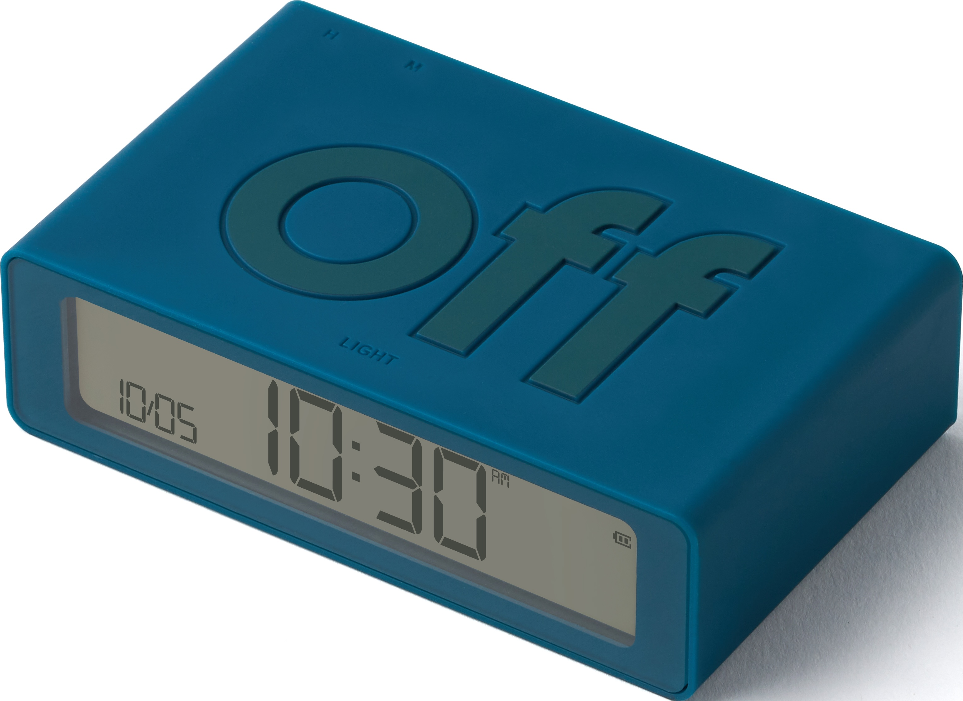 Una sveglia digitale blu che mostra le 10:30 AM. La parola 'Off' è in alto.