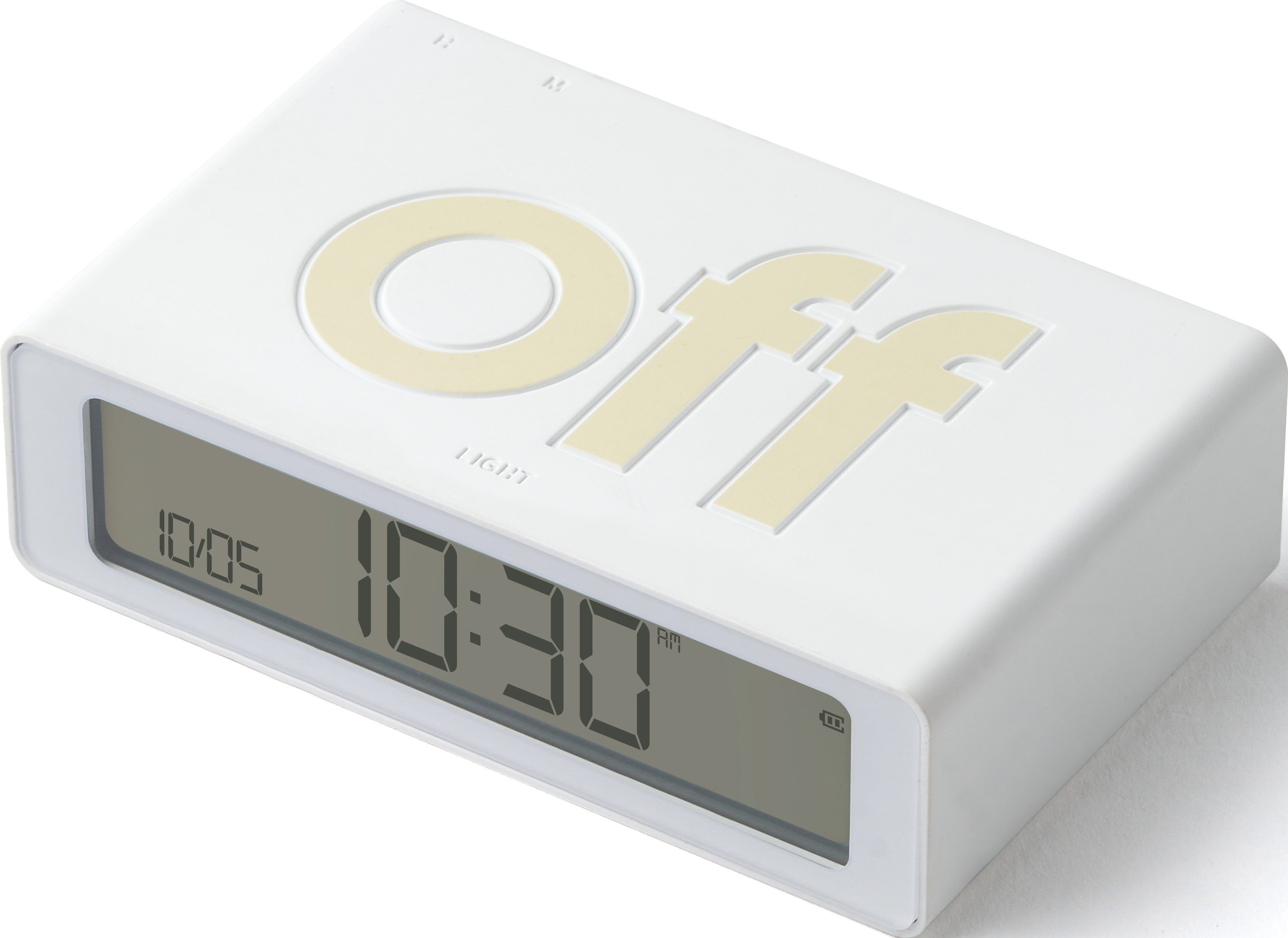 Una sveglia rettangolare bianca. L'ora è 10:30 AM. La parola "Off" è sull'orologio.