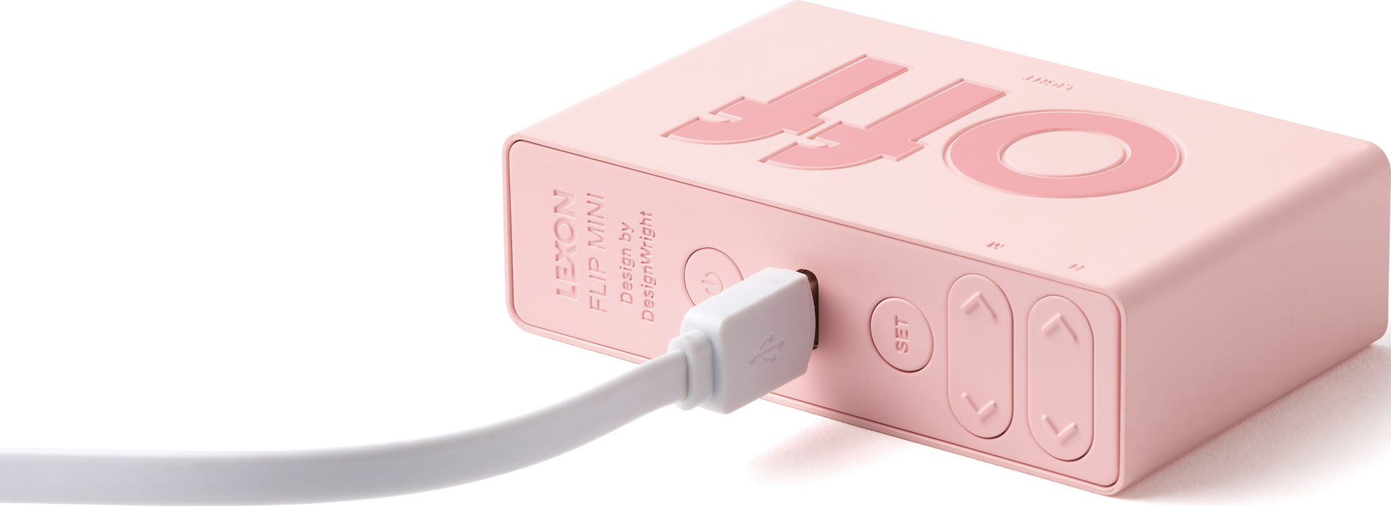 Sveglia rosa con cavo USB bianco collegato, pulsanti e la parola 'OFF' in alto.