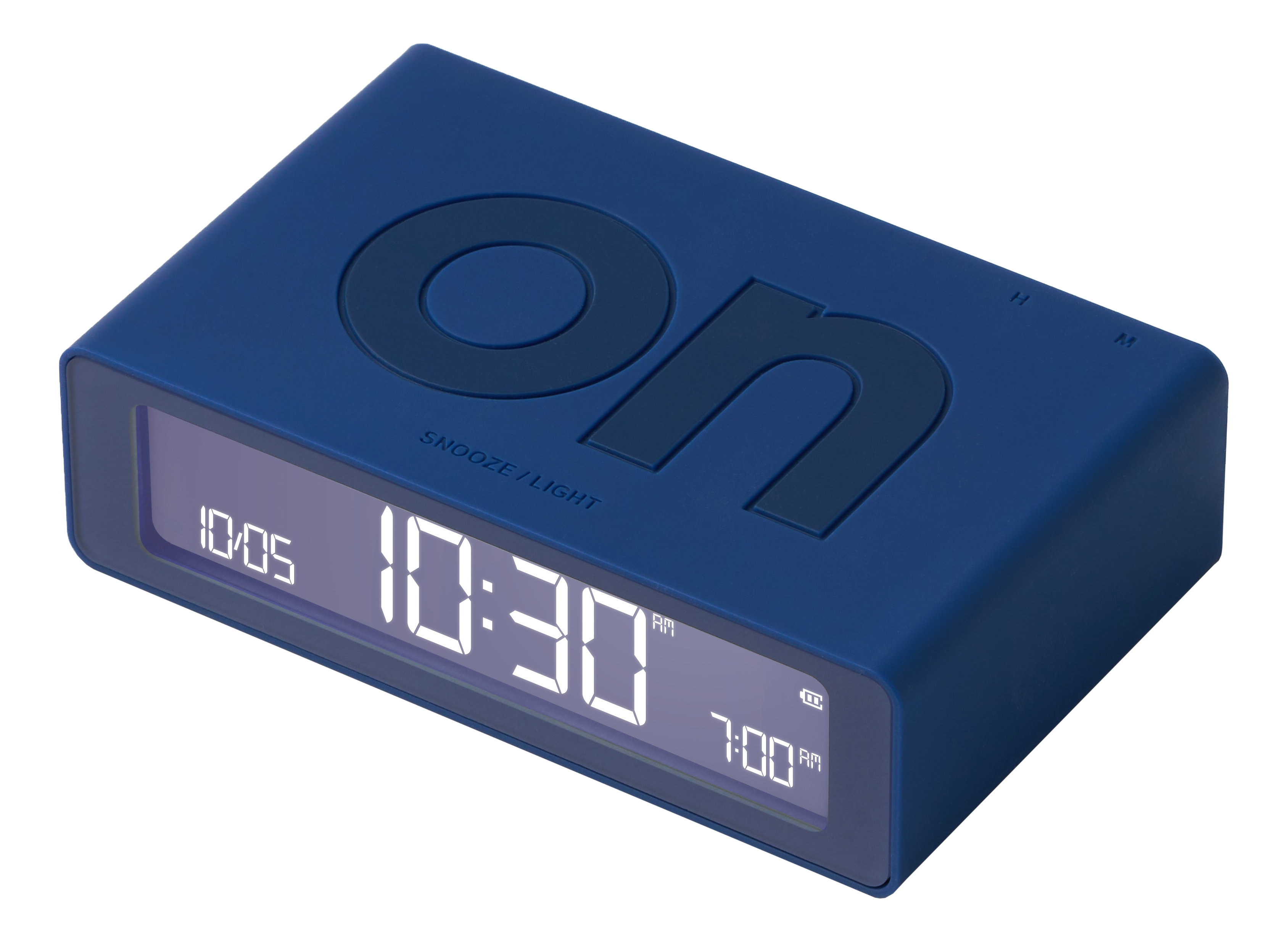 Una sveglia blu con display digitale che mostra l'ora e l'indicatore della batteria.