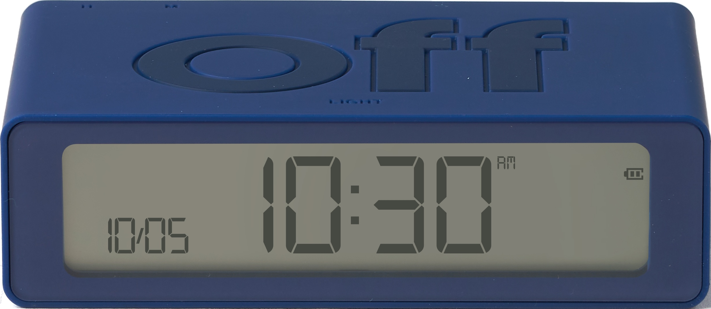 Un orologio digitale blu mostra le 10:30 AM e la data 10/05.
