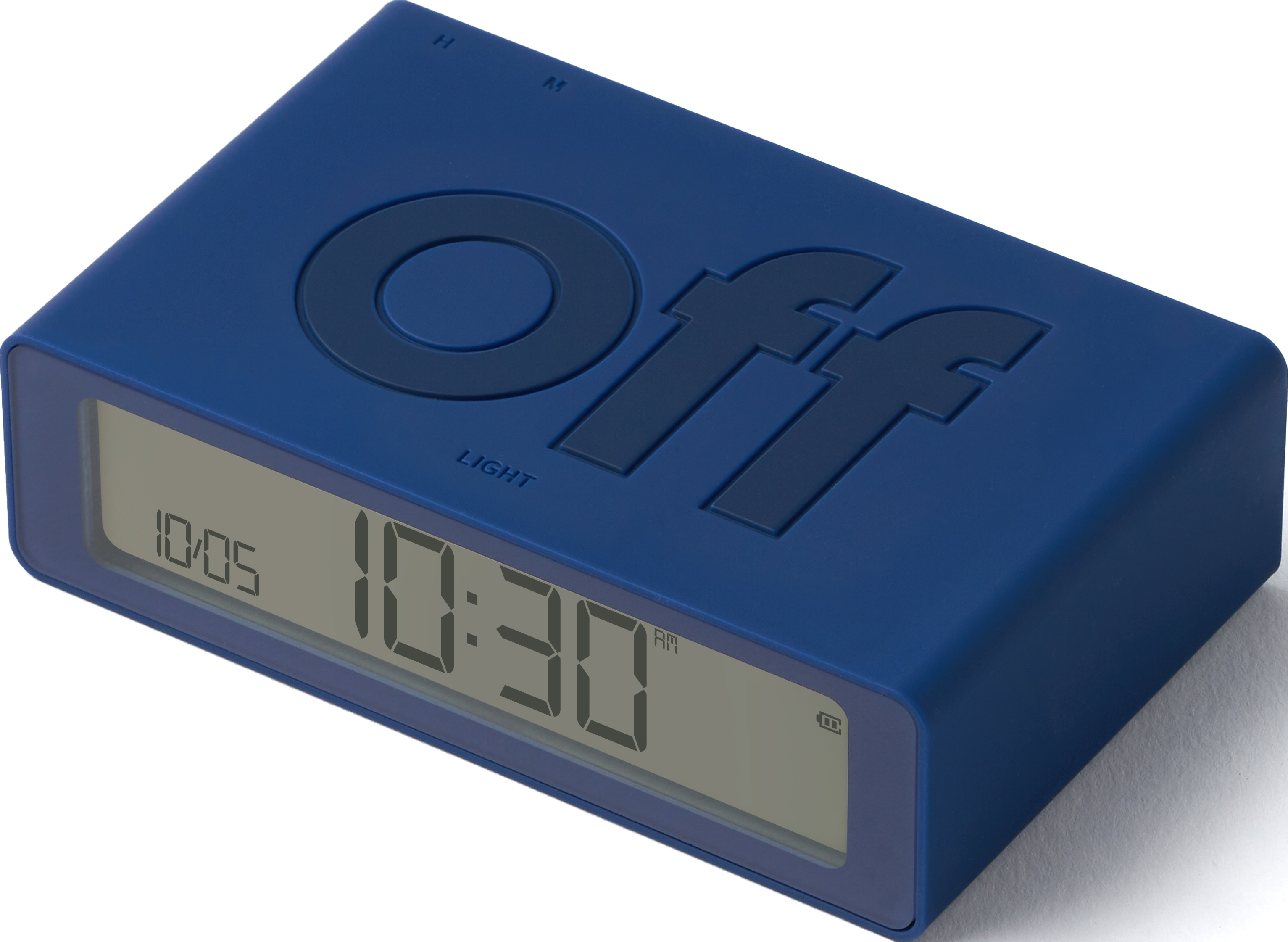Una sveglia blu con un display digitale che mostra l'ora, e la parola 'off' sulla parte superiore.