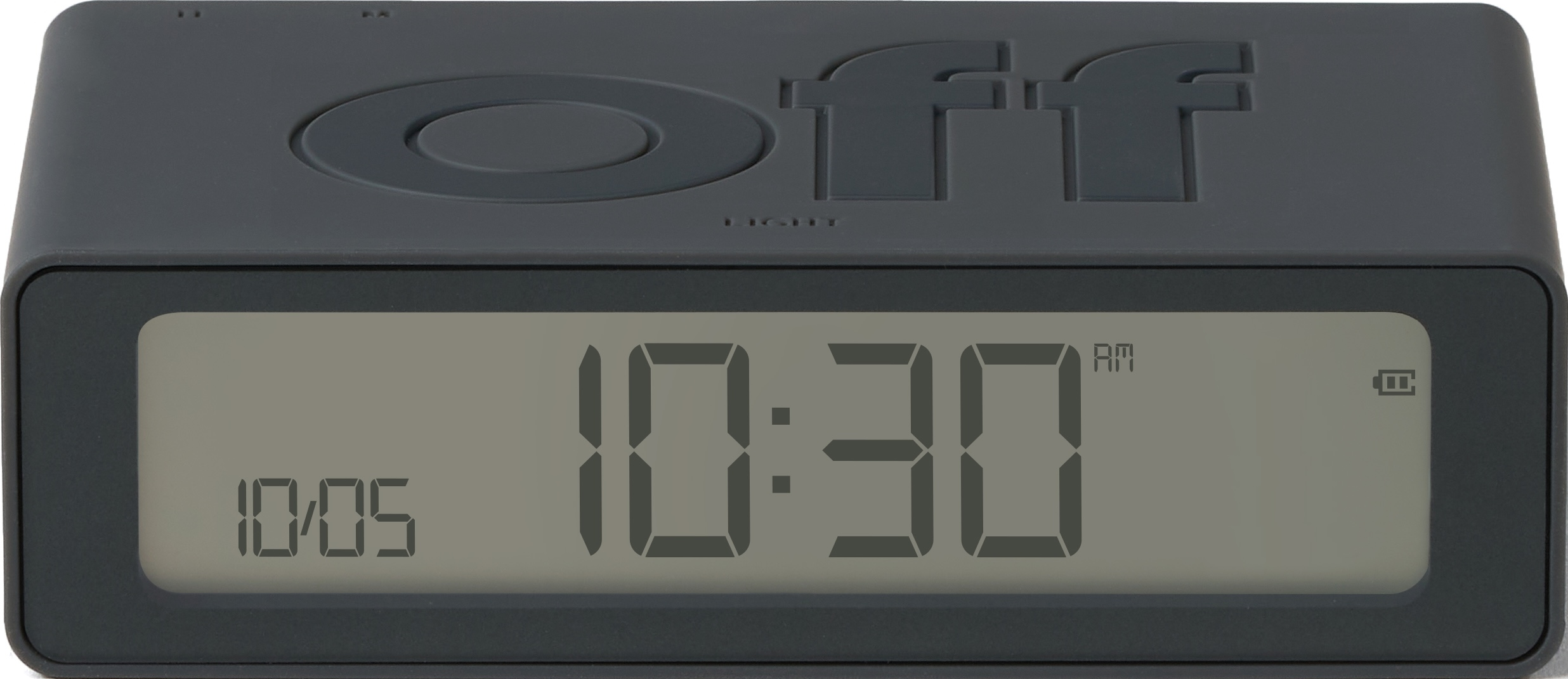 Grauer digitaler Wecker mit Anzeige 10:30 Uhr und Datum.