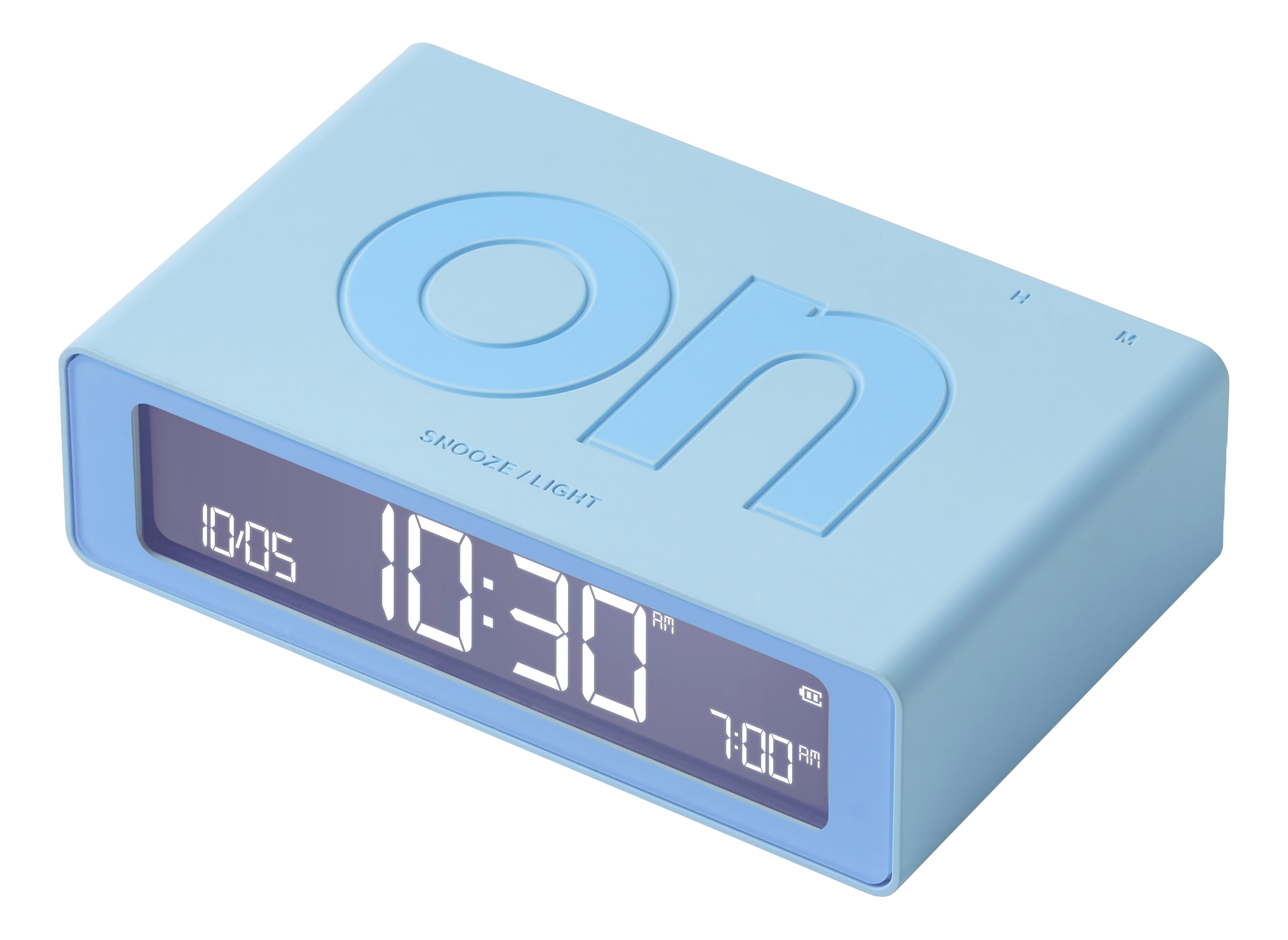 Una sveglia azzurra che mostra le 10:30 AM. La parola 'ON' è ben visibile sulla superficie.