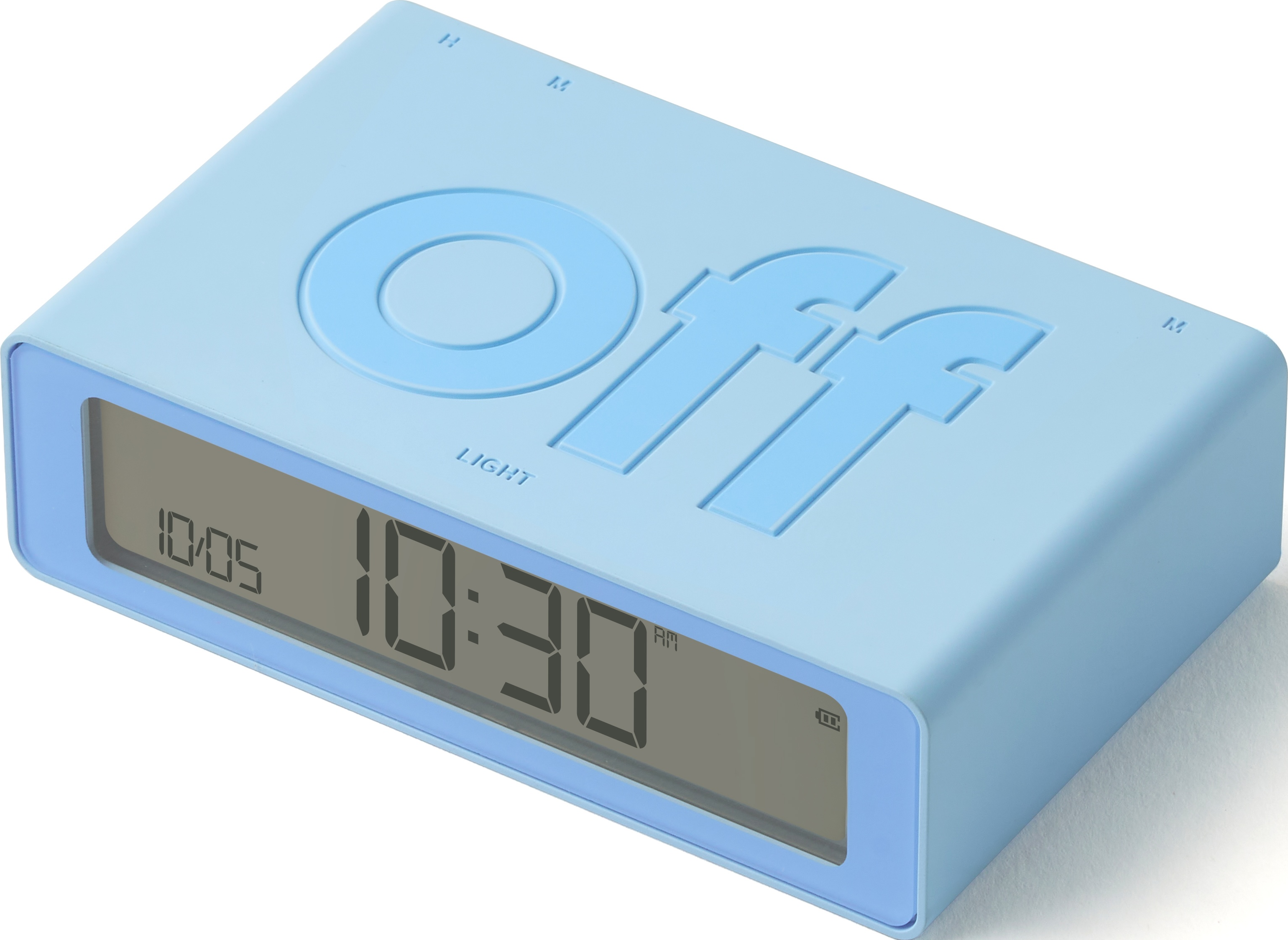 Una sveglia digitale azzurra con la scritta "Off" sul quadrante. L'ora è 10:30 AM.