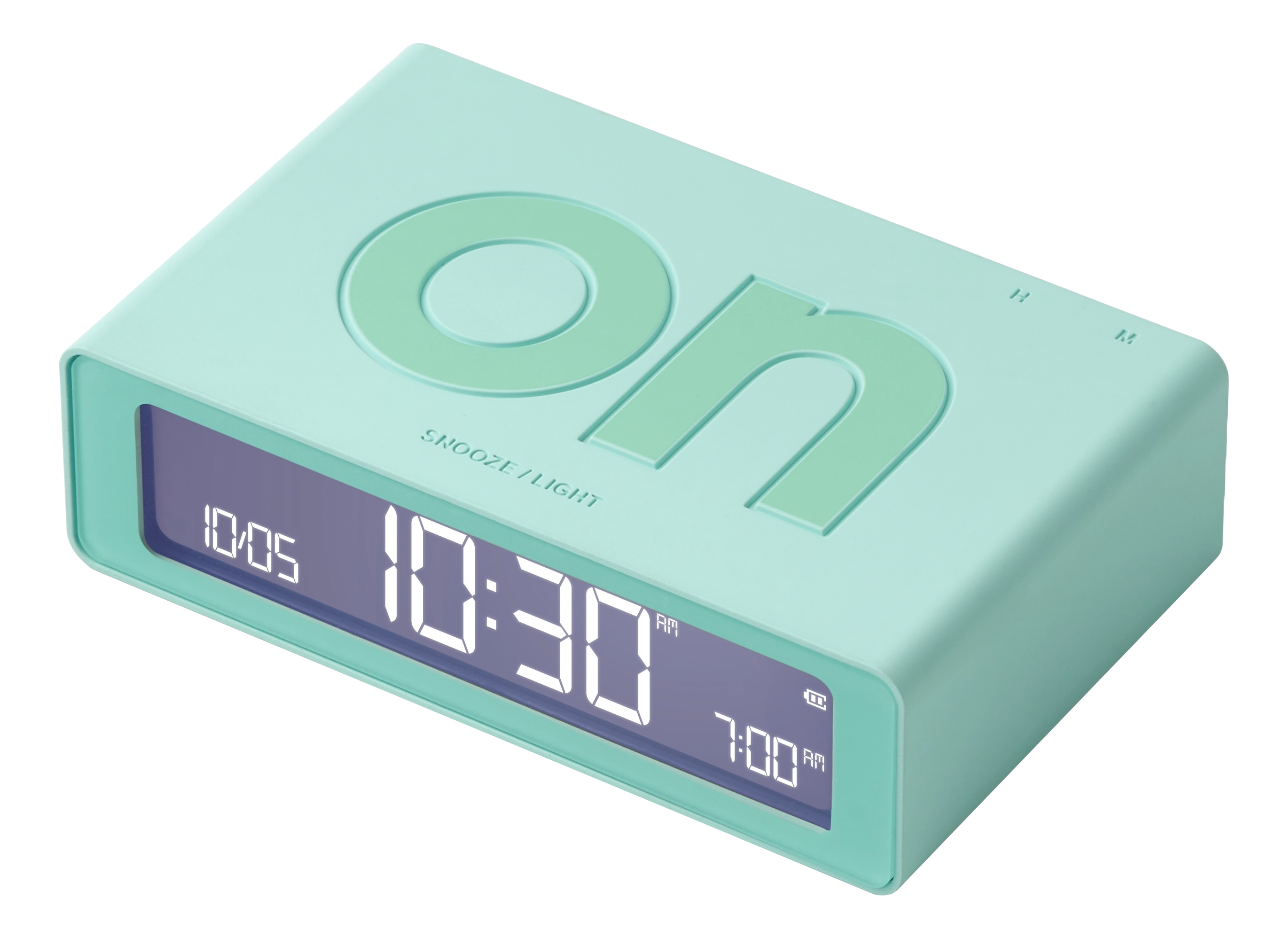 Una sveglia verde menta che mostra le 10:30 AM. La parola 'ON' è ben visibile.