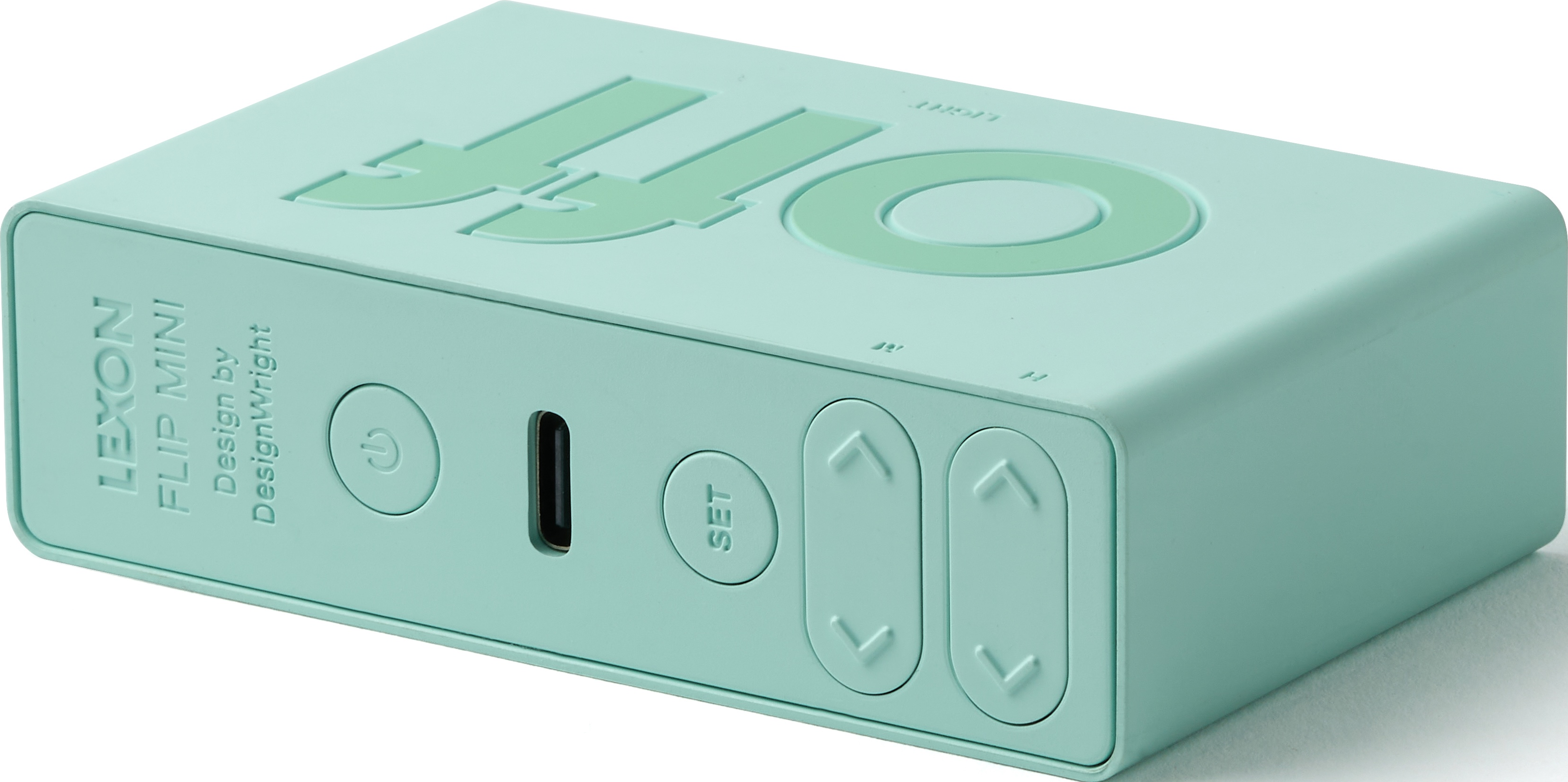 Sveglia verde menta 'LEXON FLIP MINI' con pulsanti accensione, impostazione e su/giù.