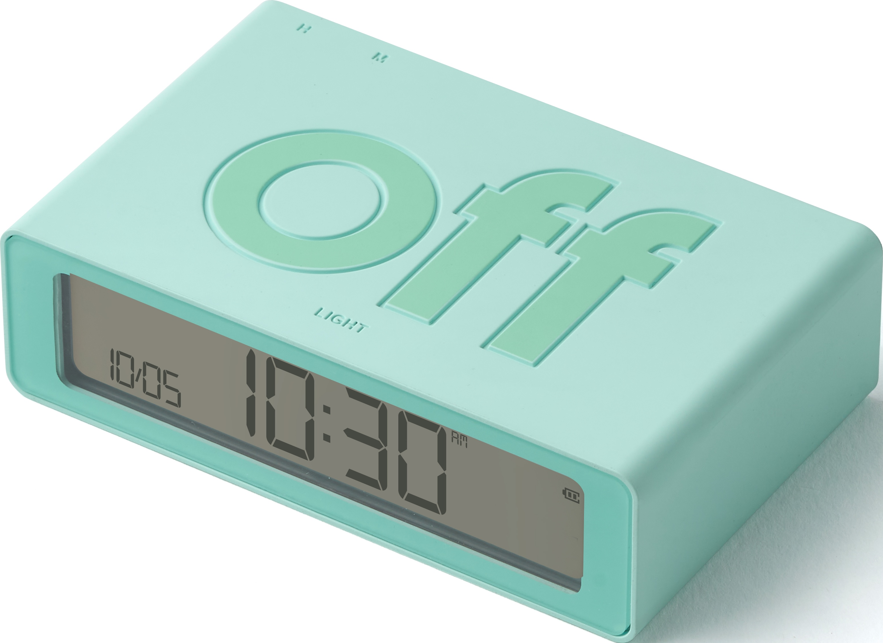 Un orologio digitale color verde acqua con la parola 'off' a grandi lettere sul quadrante.
