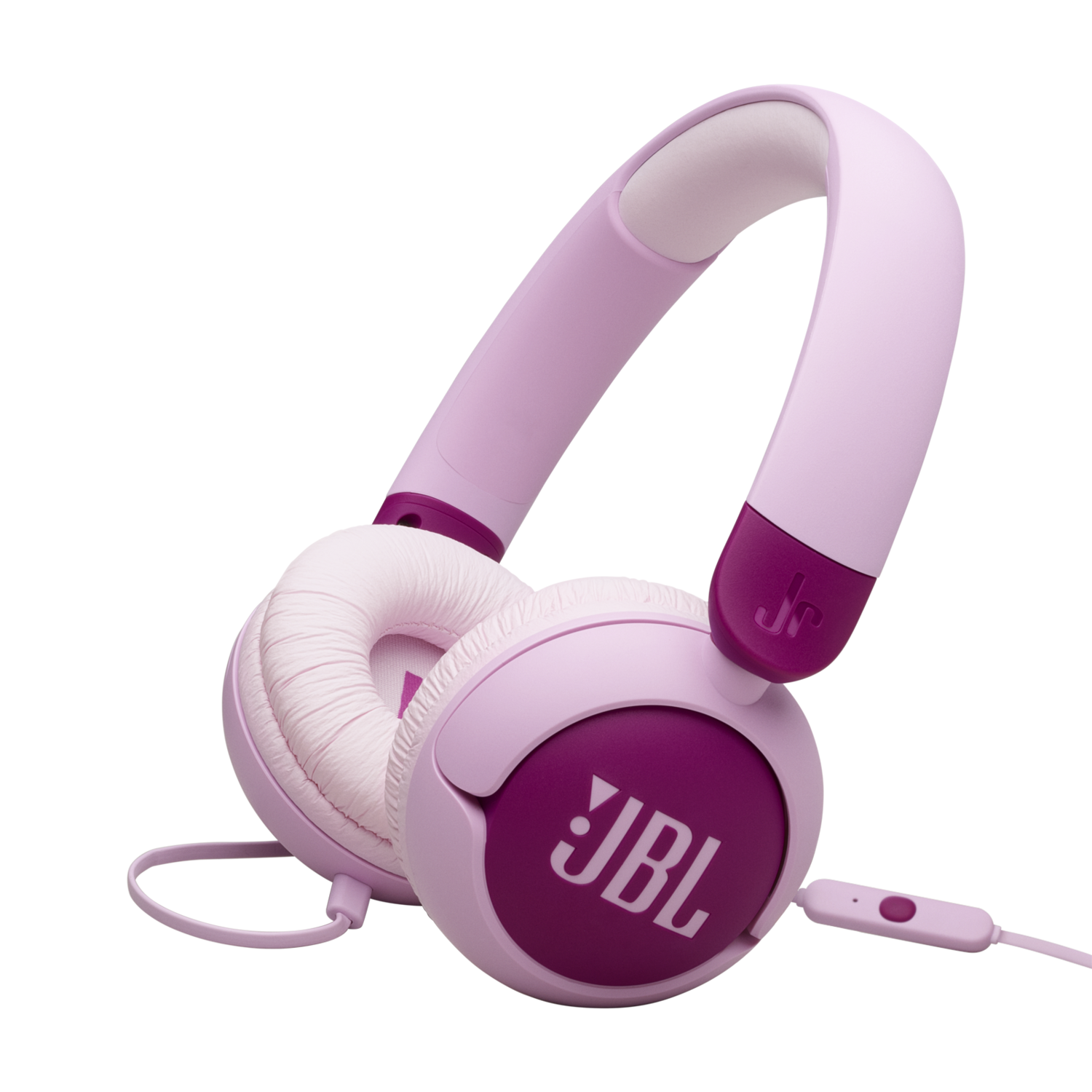 Roze JBL koptelefoon. De oorschelpen zijn roze met een paars JBL logo. De hoofdband is roze en wit.