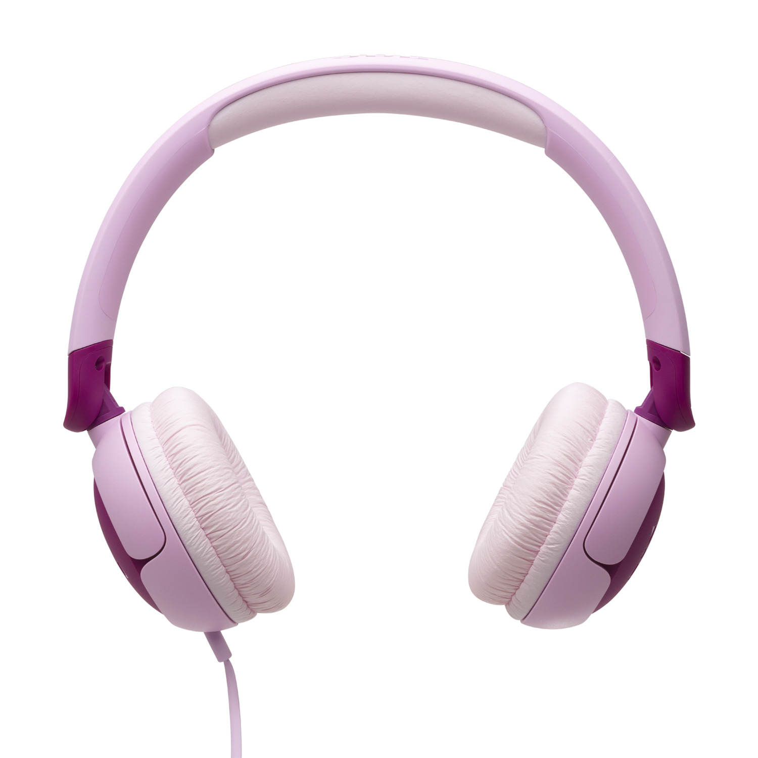 Roze koptelefoon met een witte hoofdband op een witte achtergrond.
