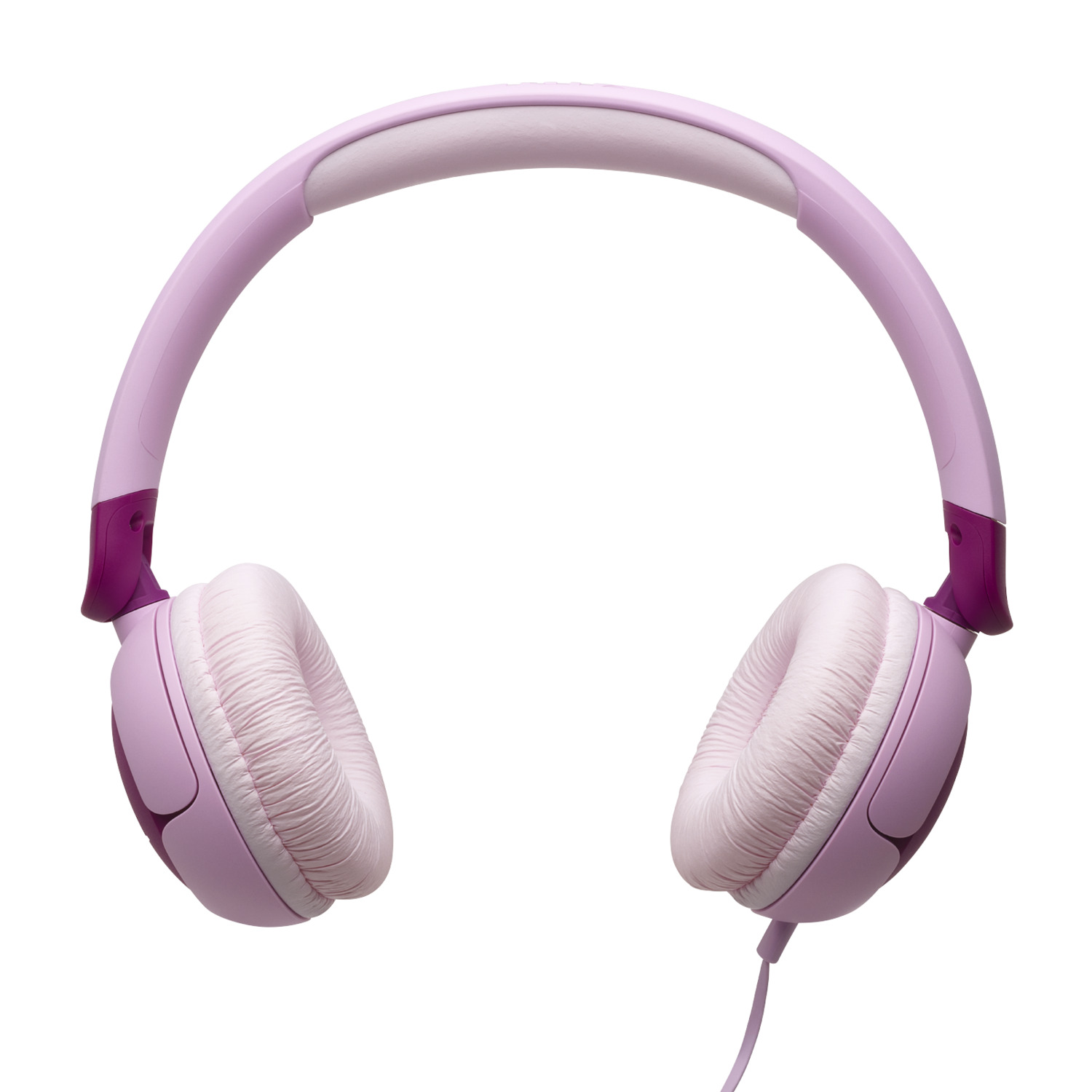 Roze koptelefoon met lichtroze oorschelpen en een lichtroze hoofdband, witte achtergrond.