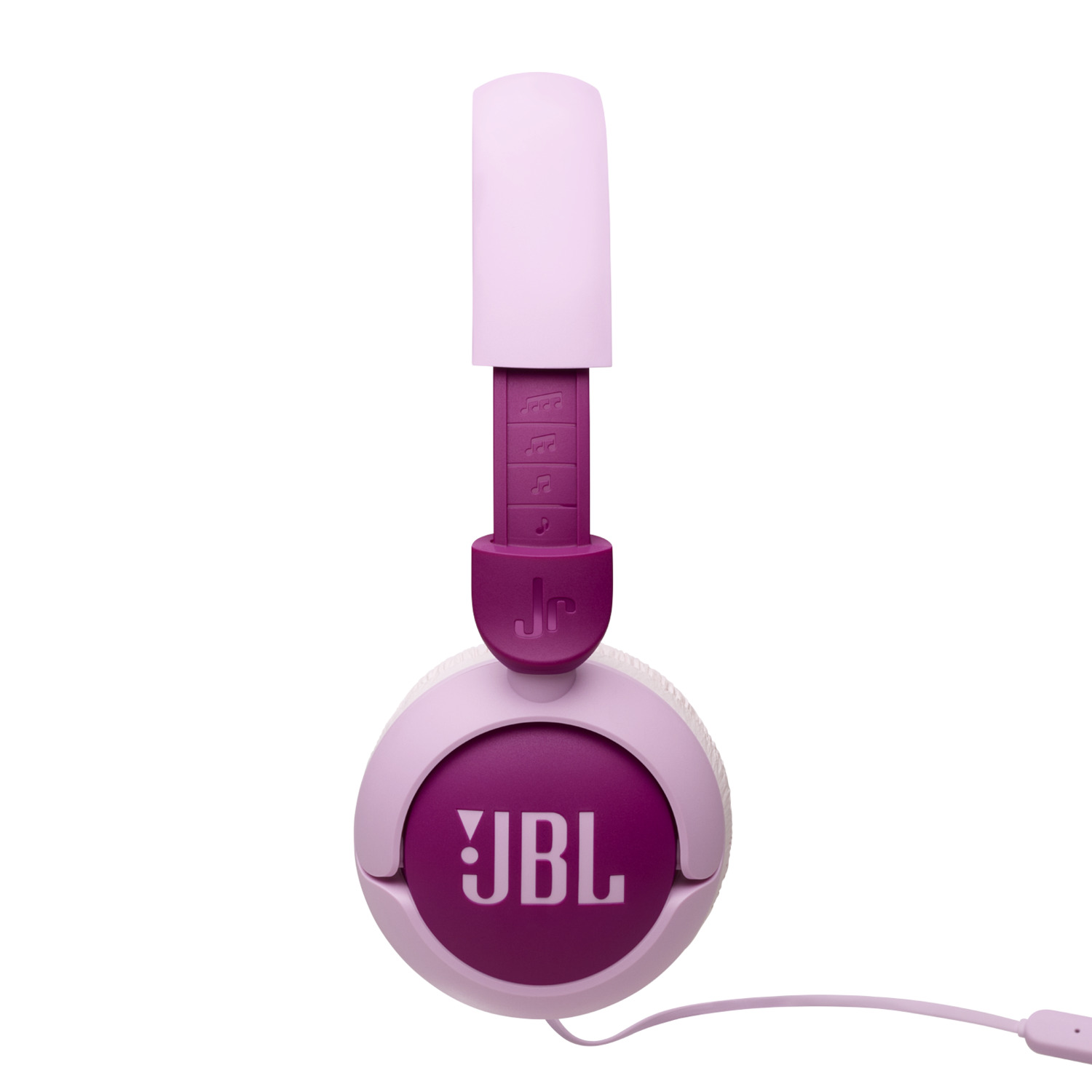 Roze JBL-hoofdtelefoon op wit. Het logo staat in het midden. De kabel is roze.