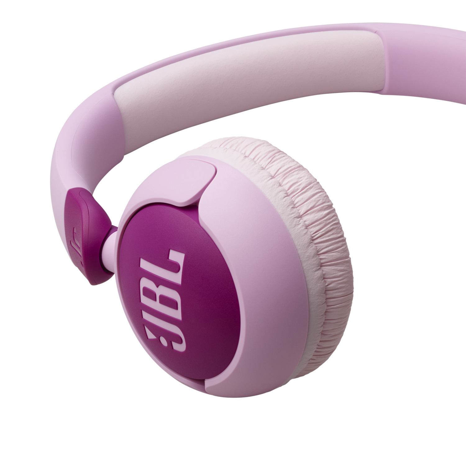 Roze JBL koptelefoon, over-ear ontwerp, met een roze band en donkerroze oorschelpen op wit.