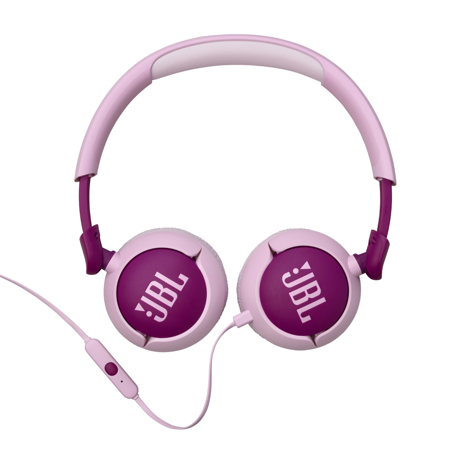 Roze JBL-koptelefoon met roze hoofdband en paarse oorschelpen, witte kabel en roze inline-afstandsbediening.