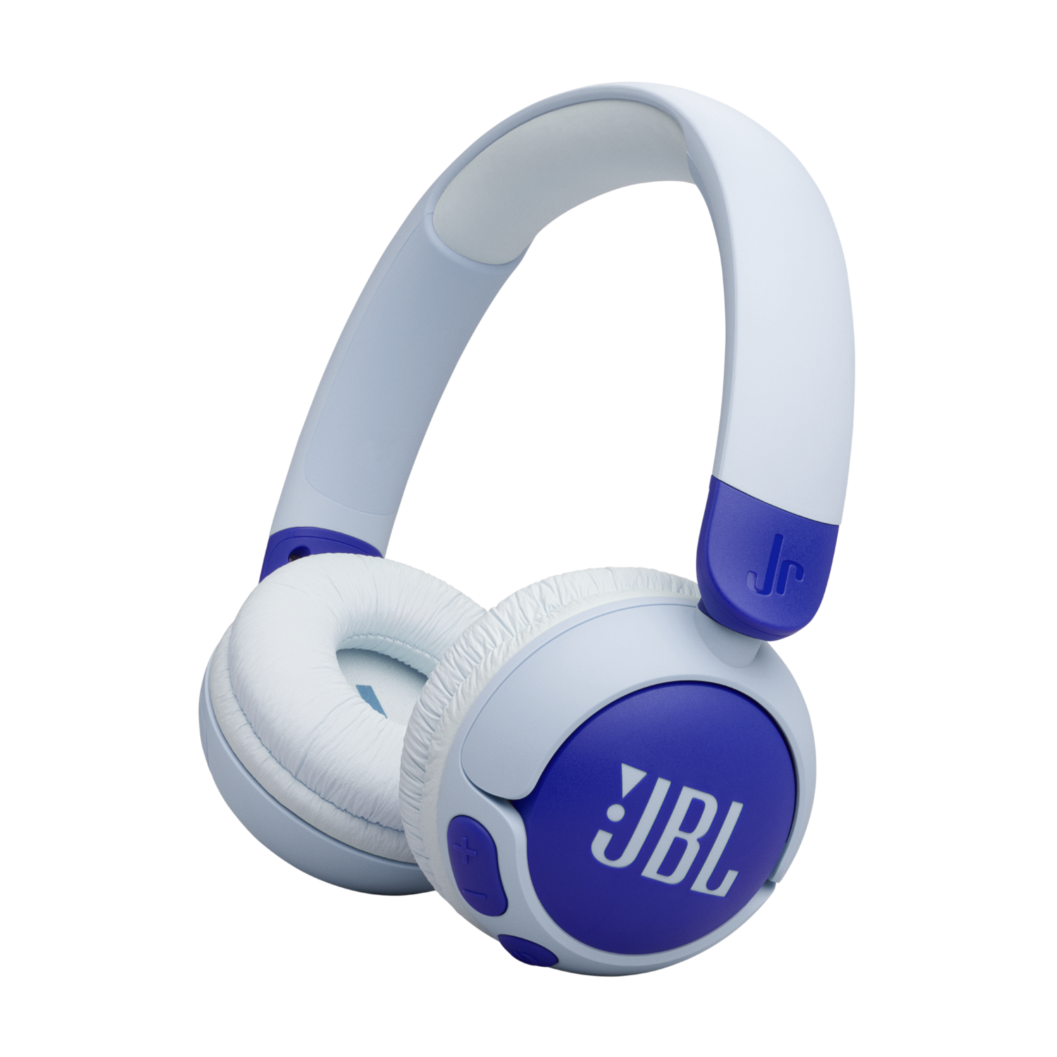 Casque JBL Jr. bleu et blanc, avec le logo JBL sur l'écouteur, sur fond noir.