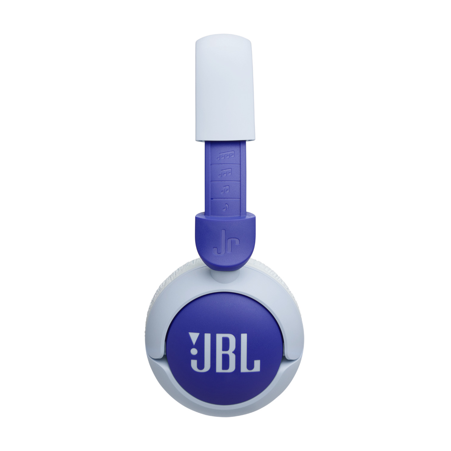 Casque JBL blanc et bleu. Le casque est en position verticale, montrant le design.