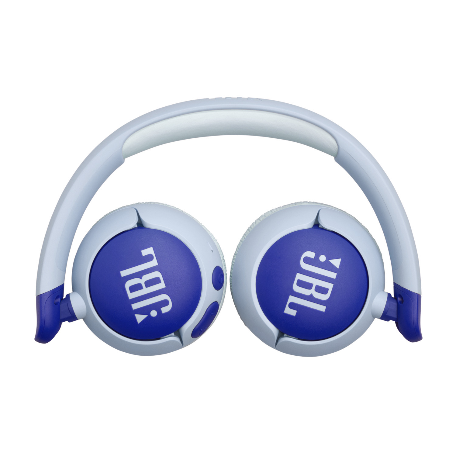 Casque JBL bleu et blanc avec logo JBL, fond blanc.