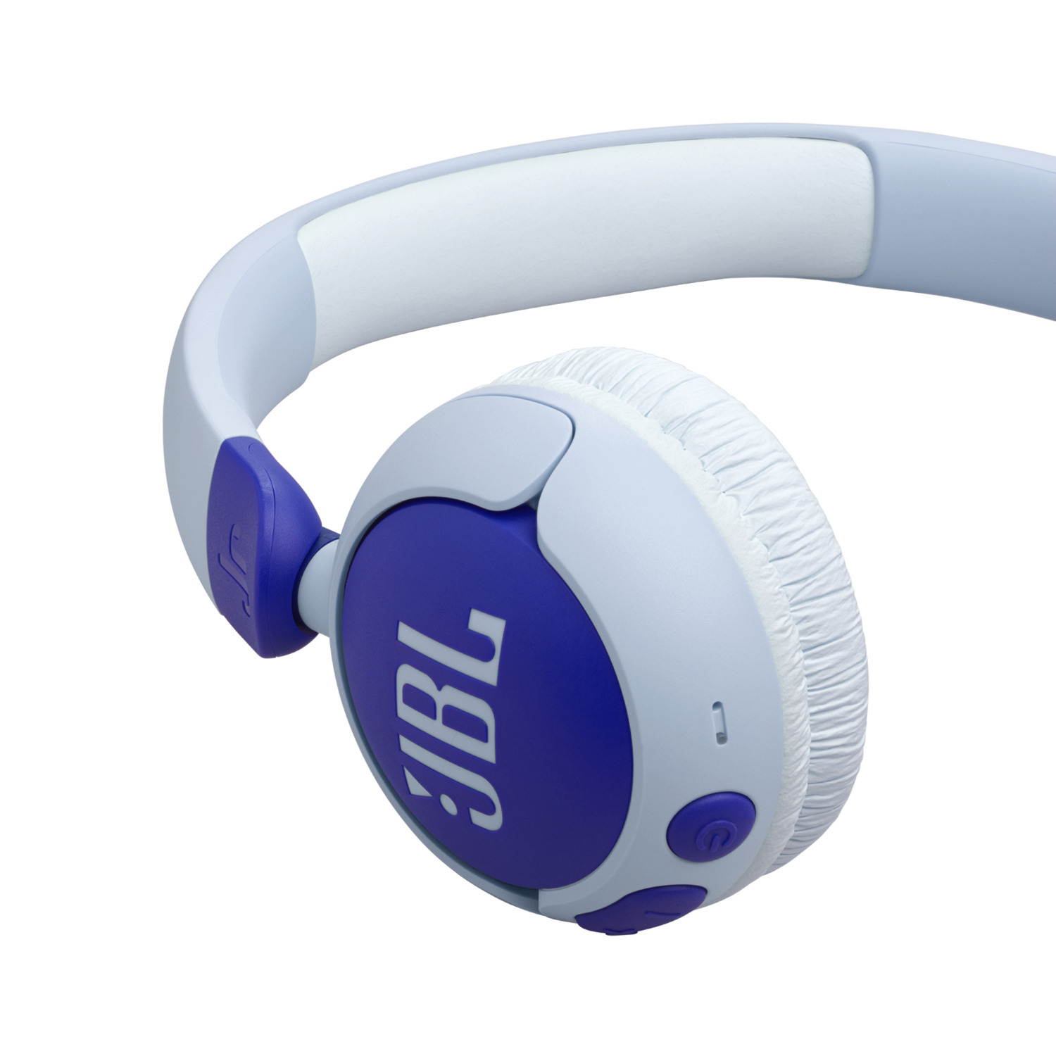 Casque JBL bleu et blanc, avec coussinets violets et le logo JBL.