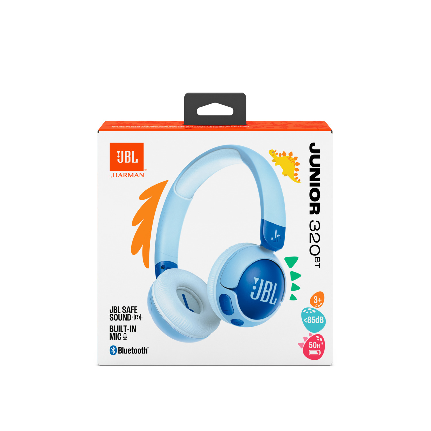 Une boîte d'écouteurs JBL Junior 320BT, avec des écouteurs bleus et un graphique de dessin animé.