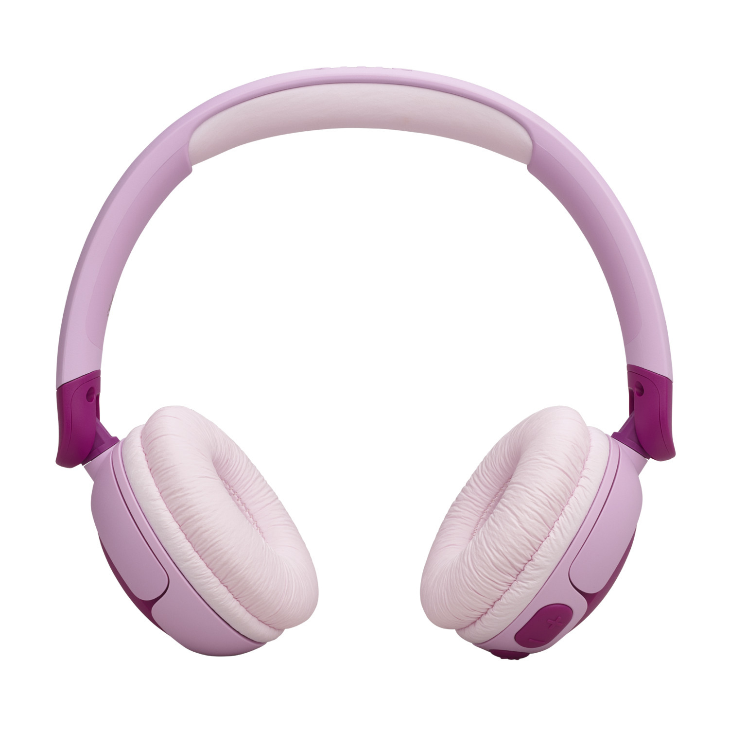 Pink and purple headphones, with a white headband and earcups.