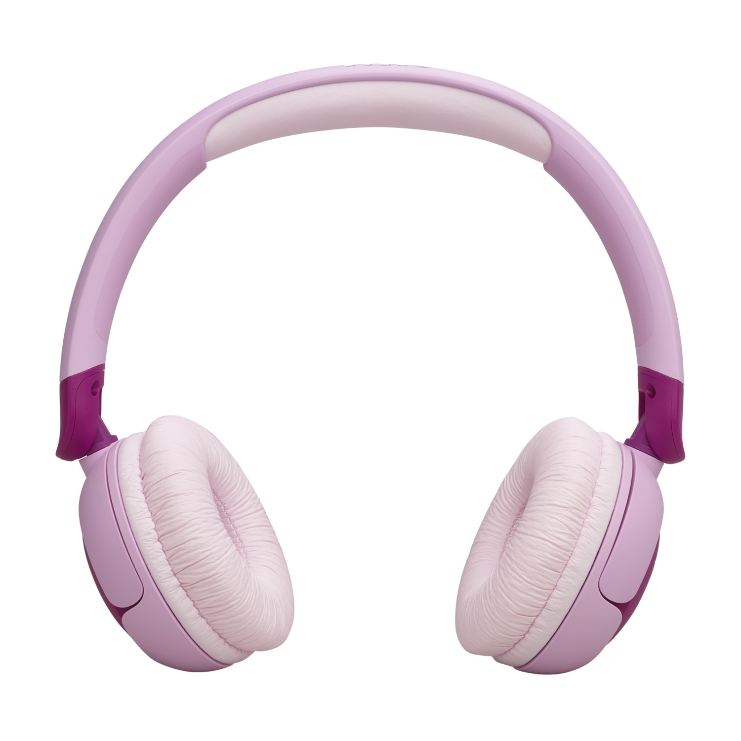 Pink headphones with a white band, isolated on white background.