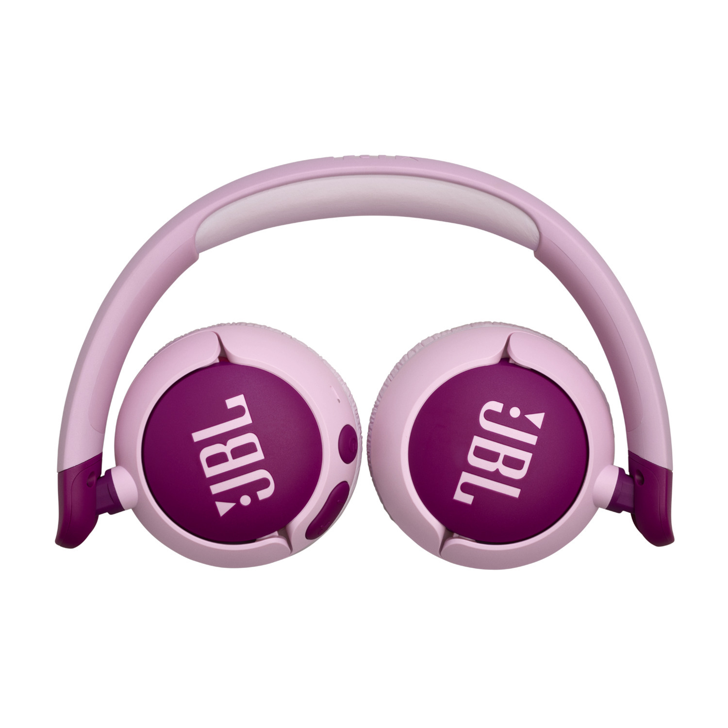 Pink JBL headphones, open and facing up, with the JBL logo on the earcups, on a white background.