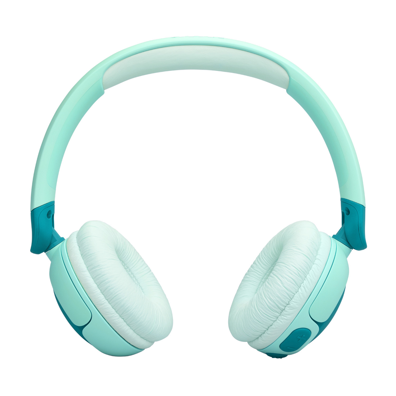 Une paire d'écouteurs turquoise, isolée sur fond blanc.