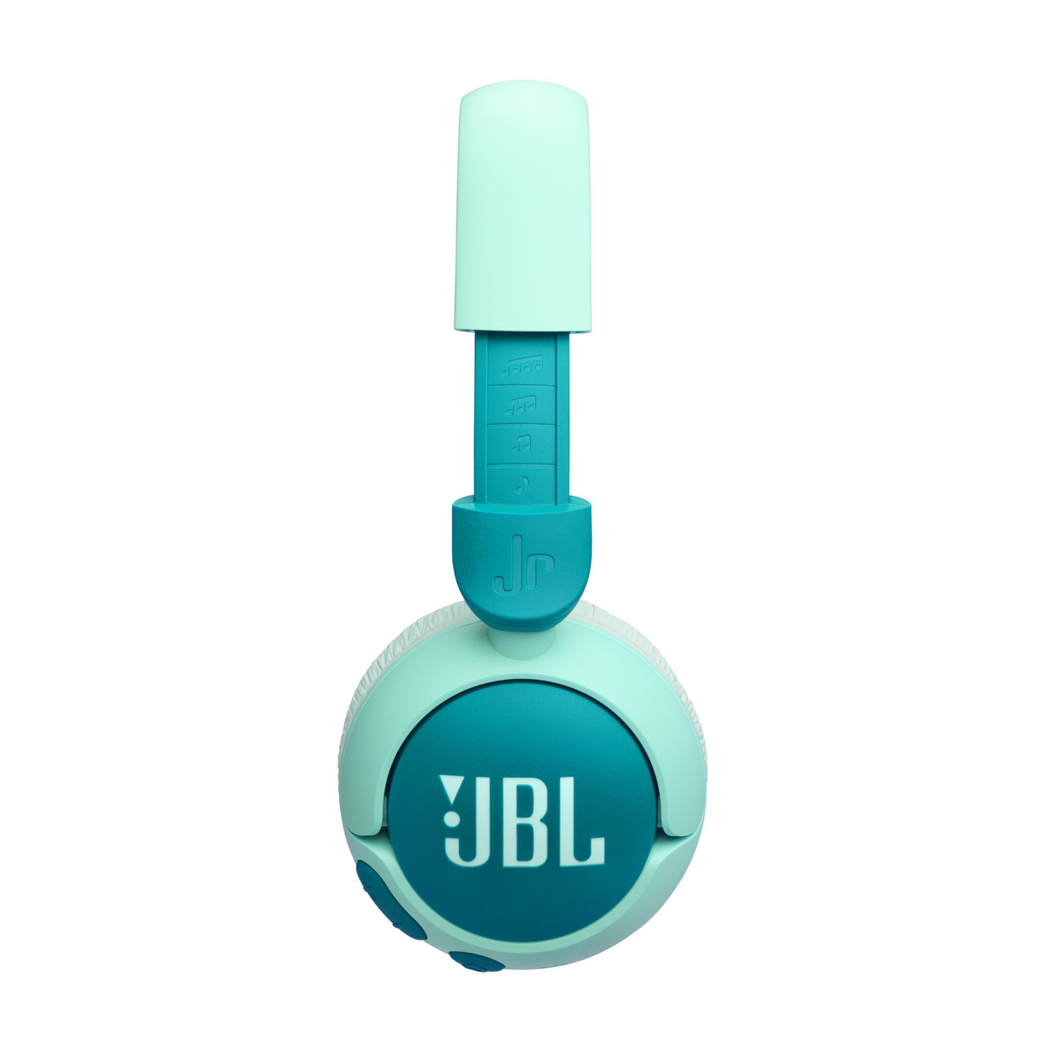 Casque JBL turquoise et blanc avec le logo JBL sur fond blanc.
