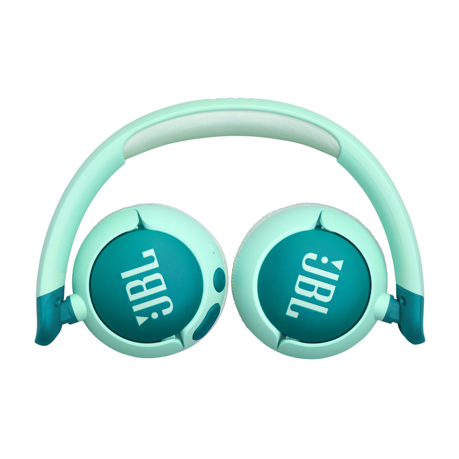 Casque JBL turquoise avec le logo JBL sur les écouteurs, sur fond blanc.