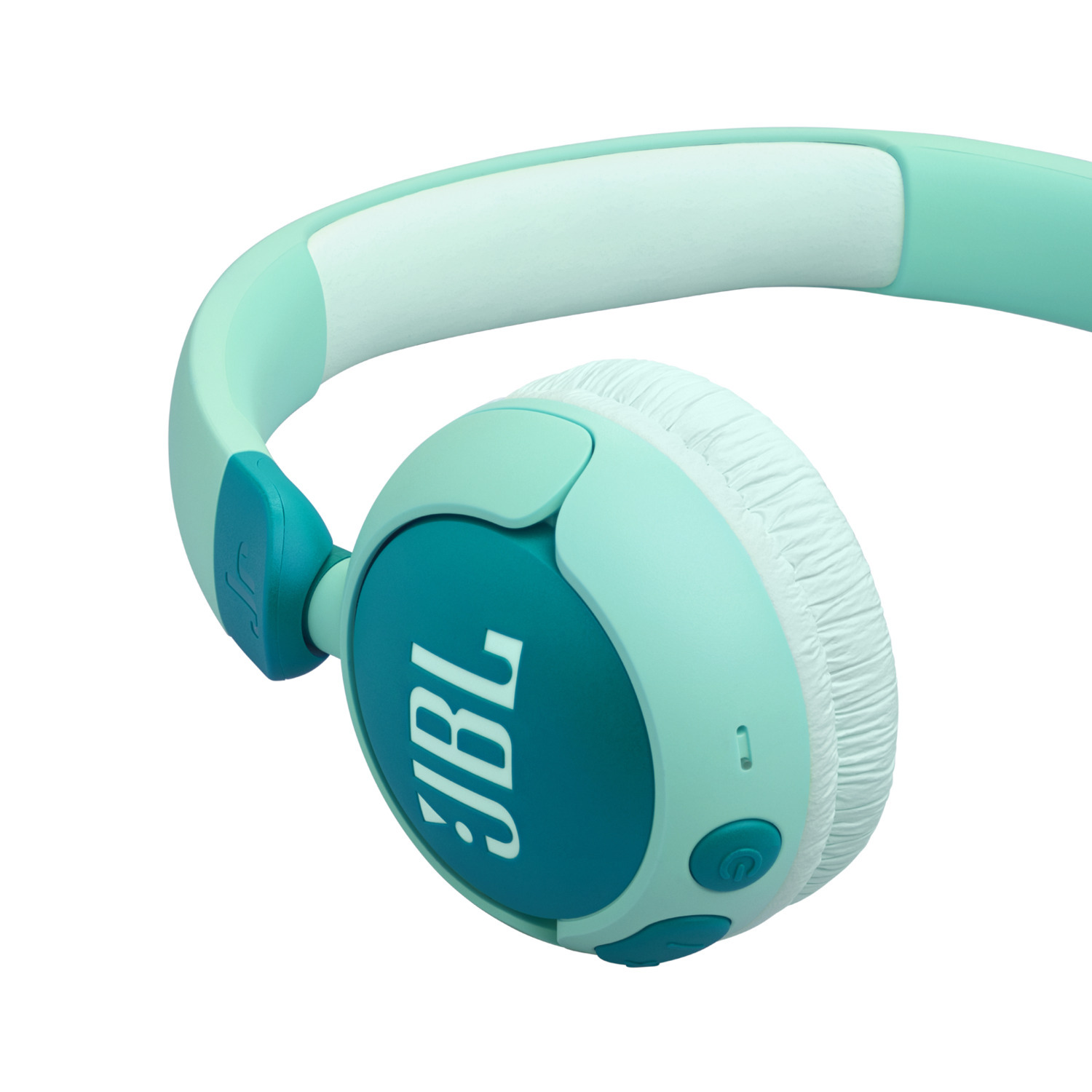 Casque JBL turquoise et blanc, avec bandeau et écouteurs bleu-vert.