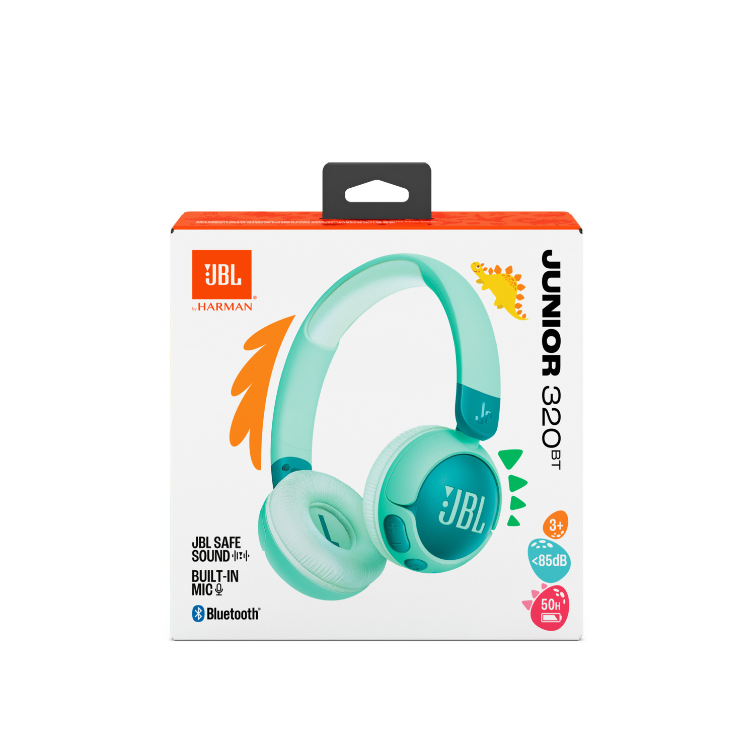 Une boîte d'écouteurs JBL Junior 320BT. La boîte est turquoise, avec un dinosaure de dessin animé.