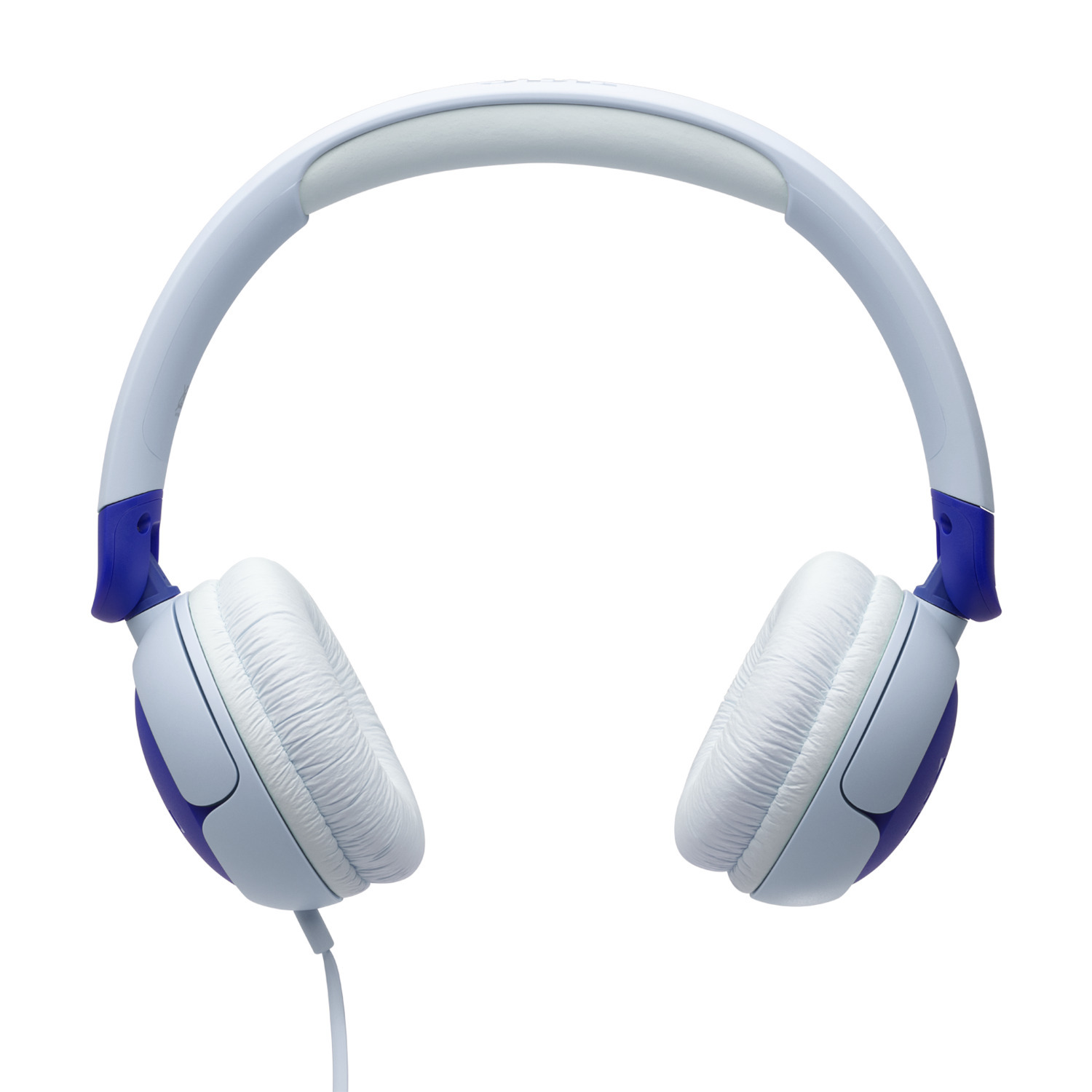 Two blue and black earbuds on a white background.
